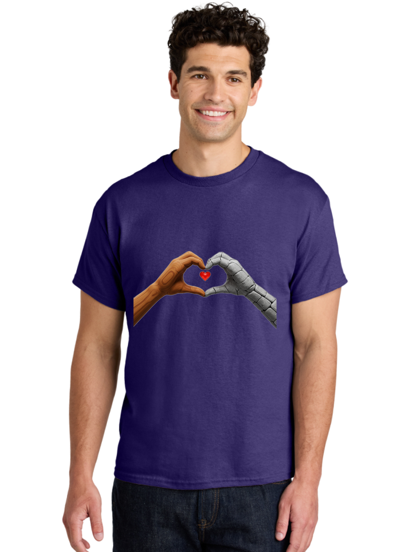 Robot-Hand-Human-Hand-Heart Men'S Graphic Tee, 100% Cotton, Comfortable Casual Summer Wear, Machine Washable, Human Hand, Robot Hand, Heart Shape, Love Symbol, Technology And Humanity, Futuristic Love, Robotic Love, Hand Gesture, Red Heart Bae077 18