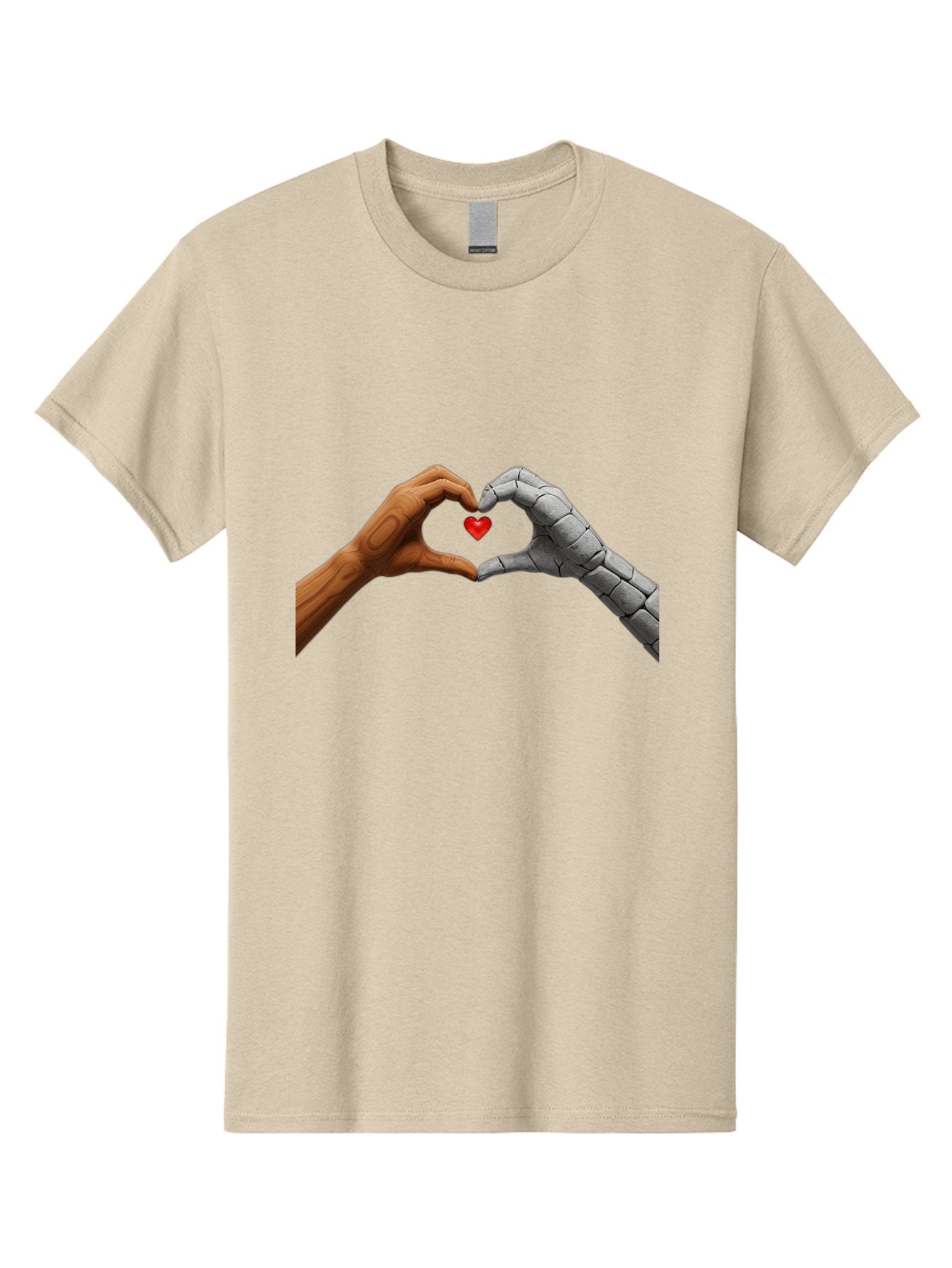 Robot-Hand-Human-Hand-Heart Men'S Graphic Tee, 100% Cotton, Comfortable Casual Summer Wear, Machine Washable, Human Hand, Robot Hand, Heart Shape, Love Symbol, Technology And Humanity, Futuristic Love, Robotic Love, Hand Gesture, Red Heart Bae077 13