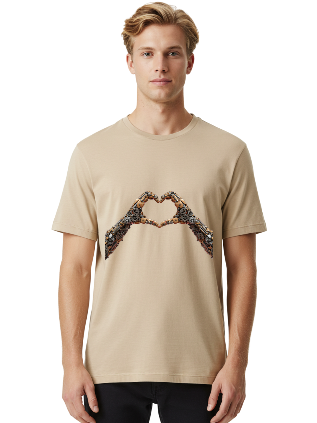 Robot-Hands-Heart Men'S Graphic Tee, 100% Cotton, Comfortable Casual Summer Wear, Machine Washable, Robot Hands Forming A Heart, Steampunk Design, Mechanical Love, Robotic Machinery, Gear Components, Industrial Elements, Symbol Of Affection, Bae078 23