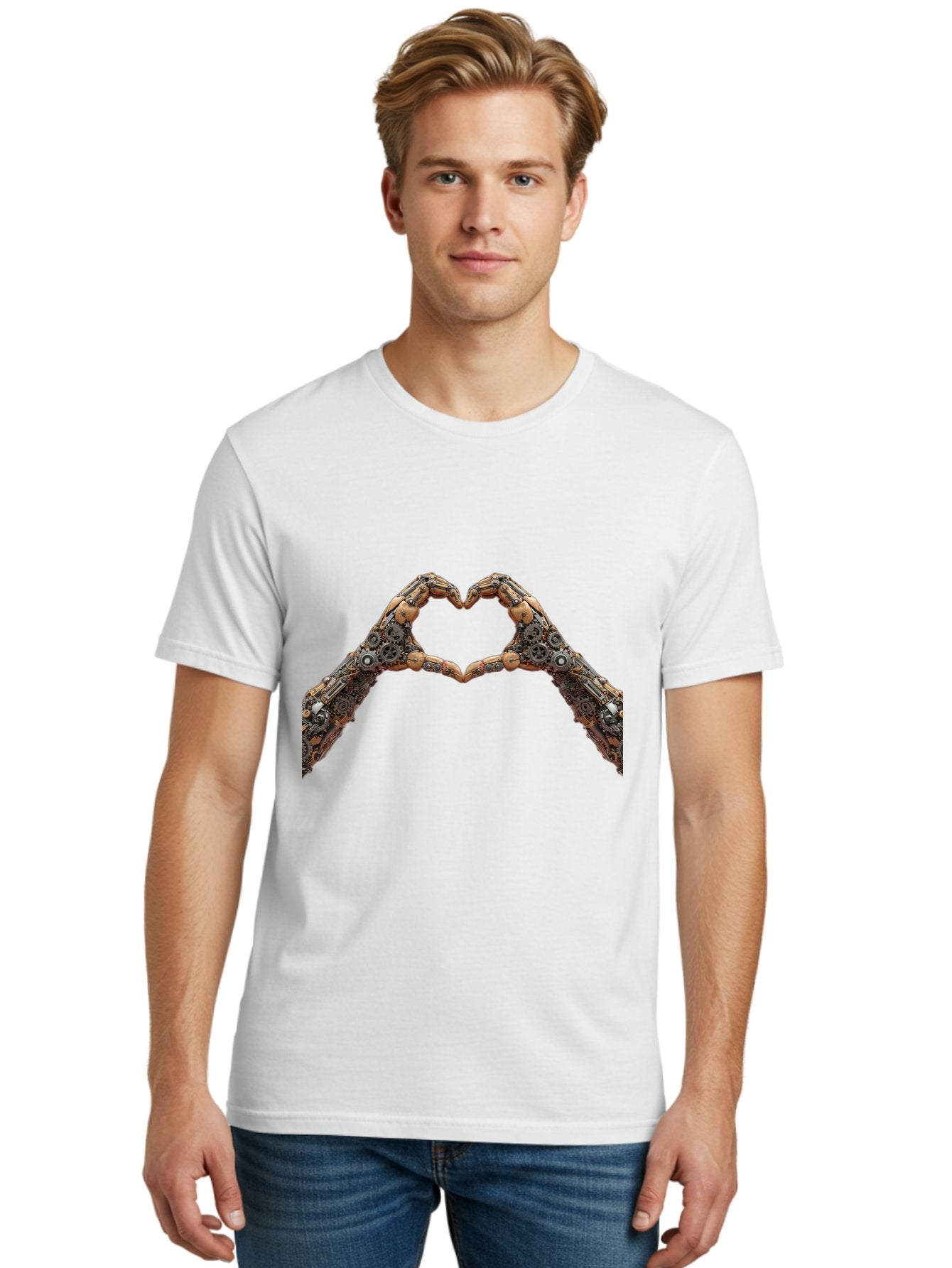 Robot-Hands-Heart Men'S Graphic Tee, 100% Cotton, Comfortable Casual Summer Wear, Machine Washable, Robot Hands Forming A Heart, Steampunk Design, Mechanical Love, Robotic Machinery, Gear Components, Industrial Elements, Symbol Of Affection, Bae078 20
