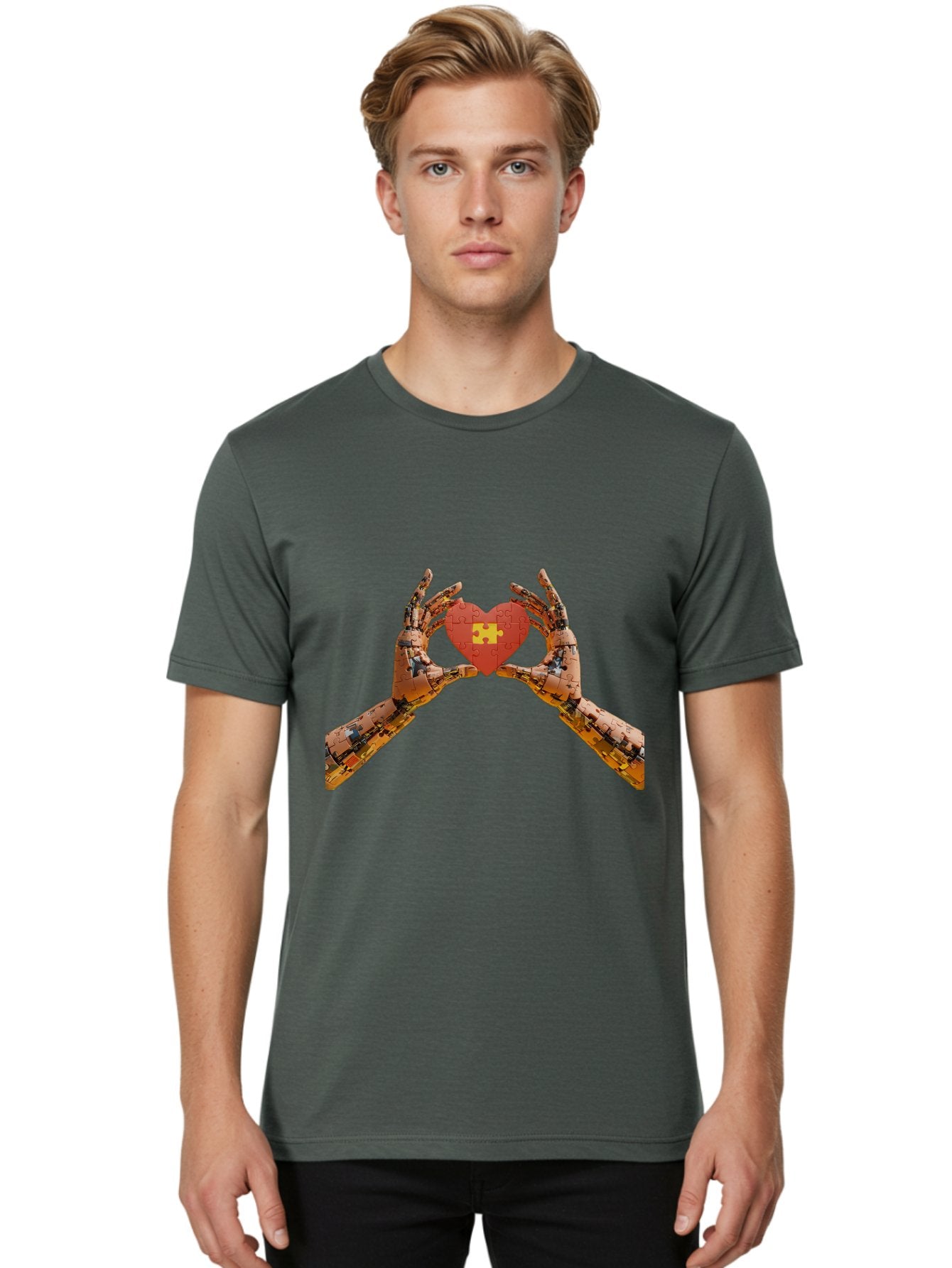 Robot-Hands-Holding-Heart-Puzzle Men'S Graphic Tee, 100% Cotton, Comfortable Casual Summer Wear, Machine Washable, Robotic Hands, Puzzle Heart, Artificial Intelligence, Ai, Robotics, Love, Heart, Puzzle Piece, Technology, Innovation, Bae079 27
