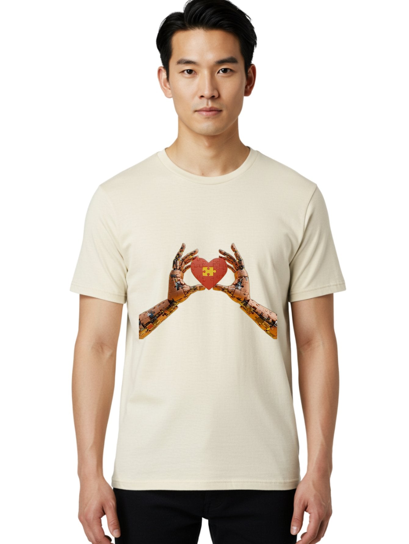 Robot-Hands-Holding-Heart-Puzzle Men'S Graphic Tee, 100% Cotton, Comfortable Casual Summer Wear, Machine Washable, Robotic Hands, Puzzle Heart, Artificial Intelligence, Ai, Robotics, Love, Heart, Puzzle Piece, Technology, Innovation, Bae079 26