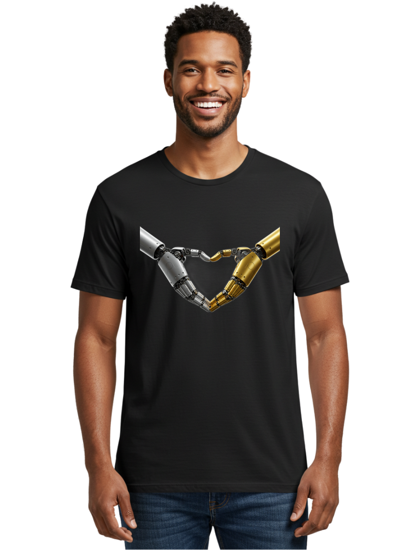 Robotic-Hands Men'S Graphic Tee, 100% Cotton, Comfortable Casual Summer Wear, Machine Washable, Robotic Arms, Mechanical Hands, Artificial Intelligence, Robotic Love, Futuristic Technology, Robotic Connection, Heart Shape Bae080 24