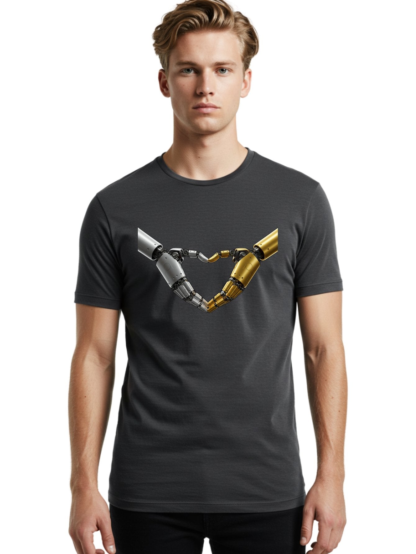 Robotic-Hands Men'S Graphic Tee, 100% Cotton, Comfortable Casual Summer Wear, Machine Washable, Robotic Arms, Mechanical Hands, Artificial Intelligence, Robotic Love, Futuristic Technology, Robotic Connection, Heart Shape Bae080 29