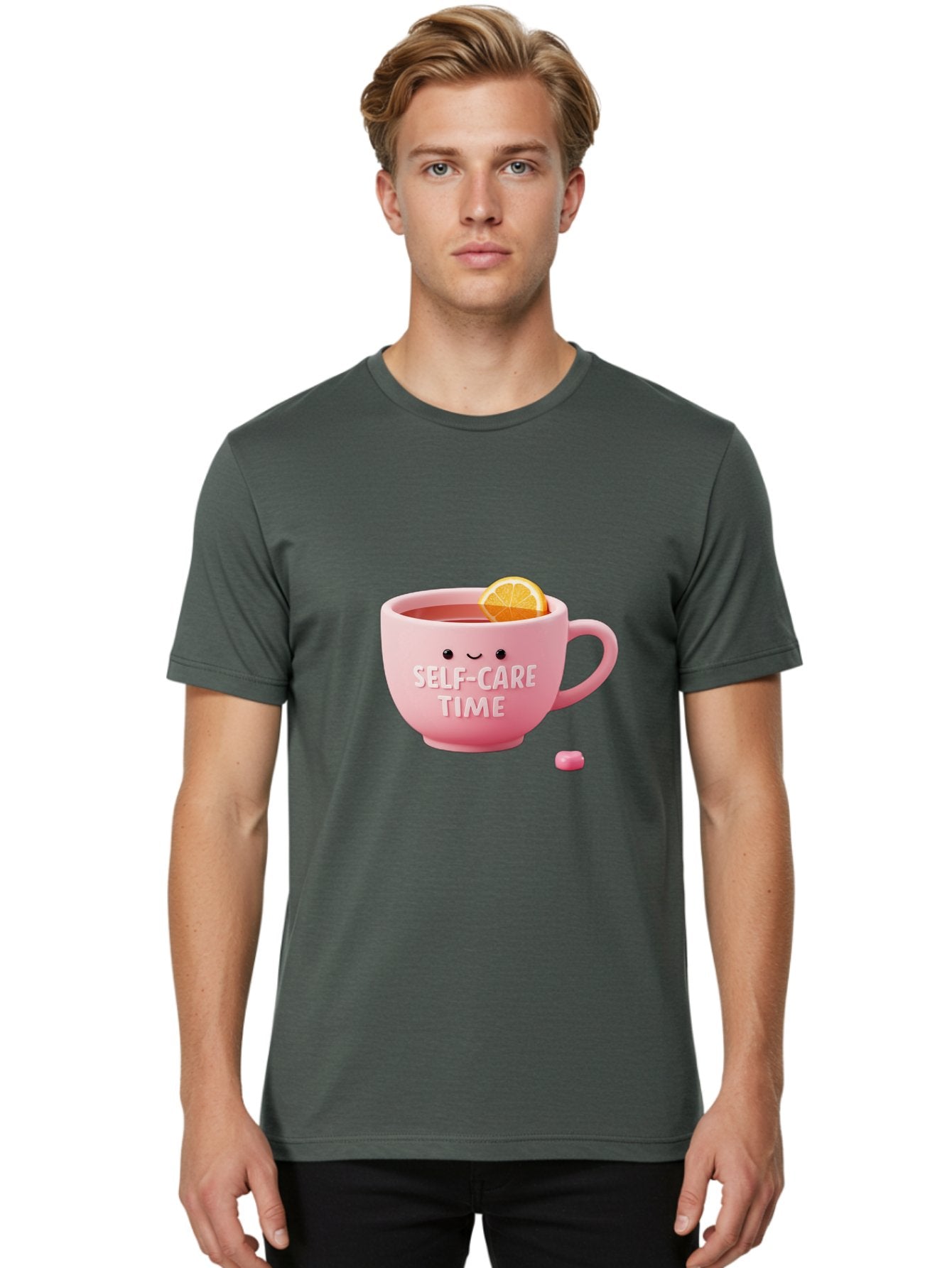 Self-Care-Time-1 Men'S Graphic Tee, 100% Cotton, Comfortable Casual Summer Wear, Machine Washable, Relaxing Tea, Self Care, Wellness, Mindfulness, Pink Tea Cup, Lemon Slice, Cozy Atmosphere, Calming Ambiance, Soothing Drink Bae082 24