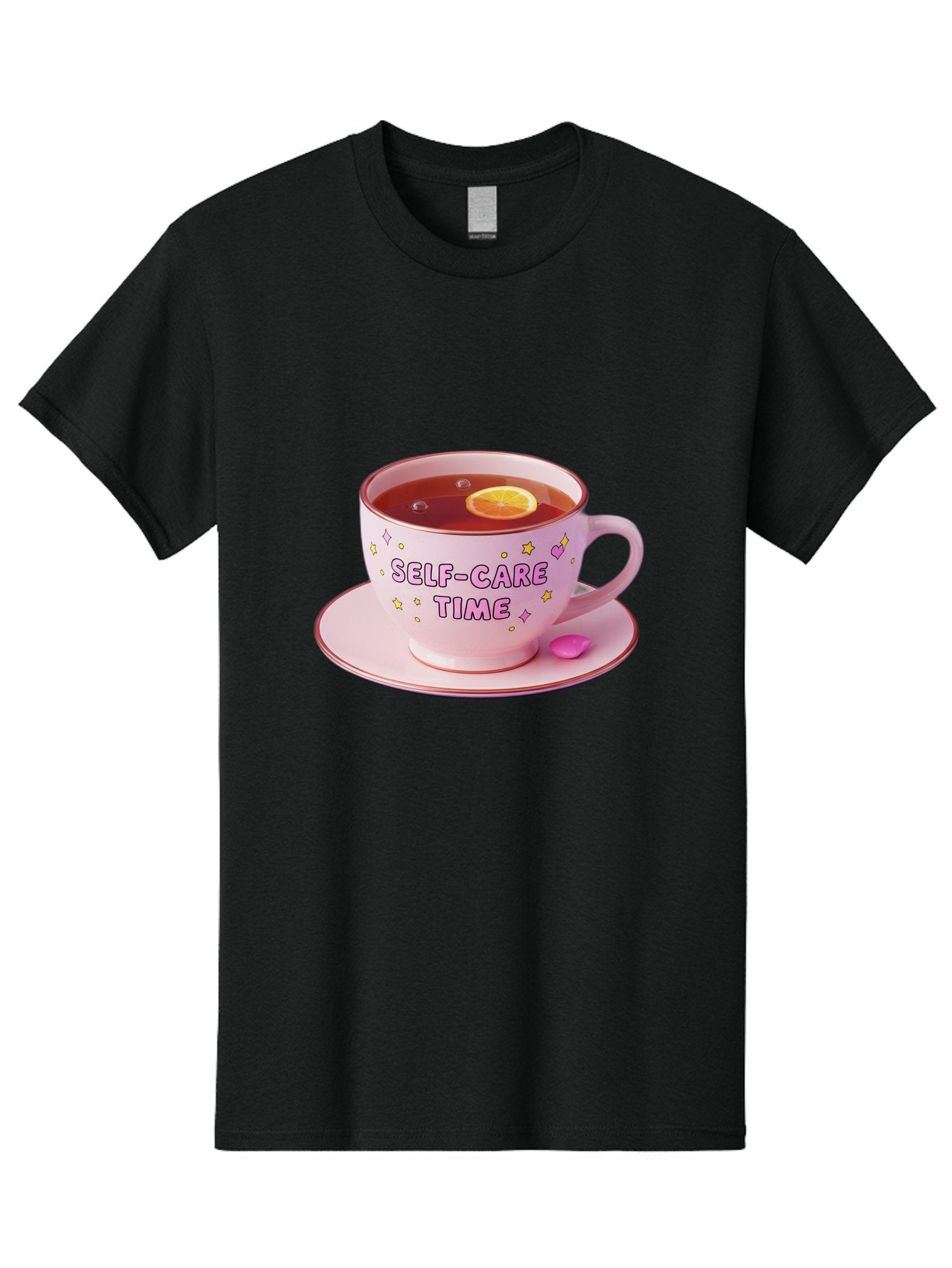 Self-Care-Time-2 Men'S Graphic Tee, 100% Cotton, Comfortable Casual Summer Wear, Machine Washable, Self-Care, Tea Time, Wellness, Relaxation, Pink Tea Cup, Lemon Slice, Colorful Stars, Stress Relief, Calming Tea, Mindfulness, Pink Candy Bae083 11