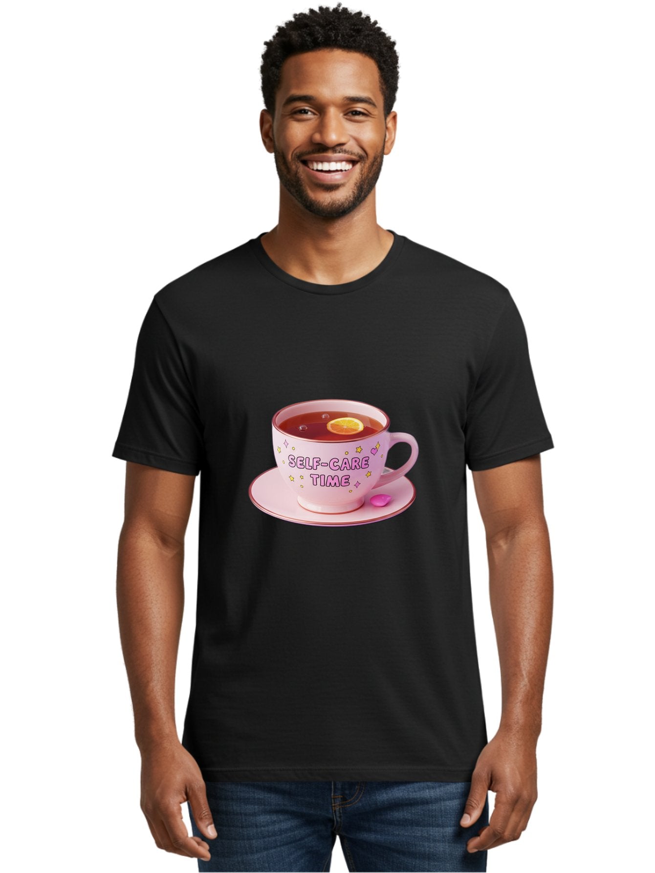 Self-Care-Time-2 Men'S Graphic Tee, 100% Cotton, Comfortable Casual Summer Wear, Machine Washable, Self-Care, Tea Time, Wellness, Relaxation, Pink Tea Cup, Lemon Slice, Colorful Stars, Stress Relief, Calming Tea, Mindfulness, Pink Candy Bae083 27