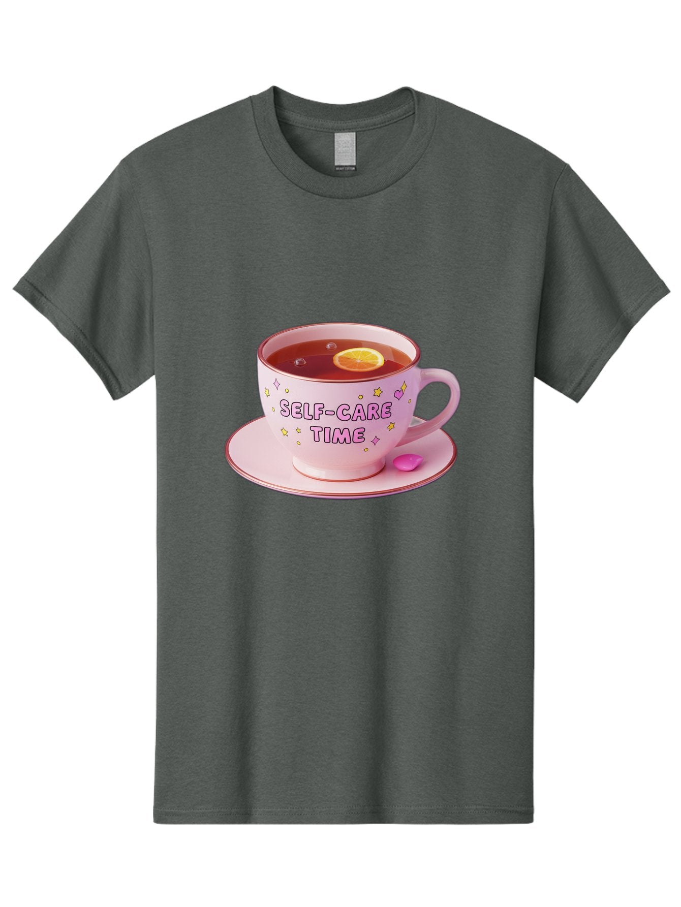 Self-Care-Time-2 Men'S Graphic Tee, 100% Cotton, Comfortable Casual Summer Wear, Machine Washable, Self-Care, Tea Time, Wellness, Relaxation, Pink Tea Cup, Lemon Slice, Colorful Stars, Stress Relief, Calming Tea, Mindfulness, Pink Candy Bae083 12
