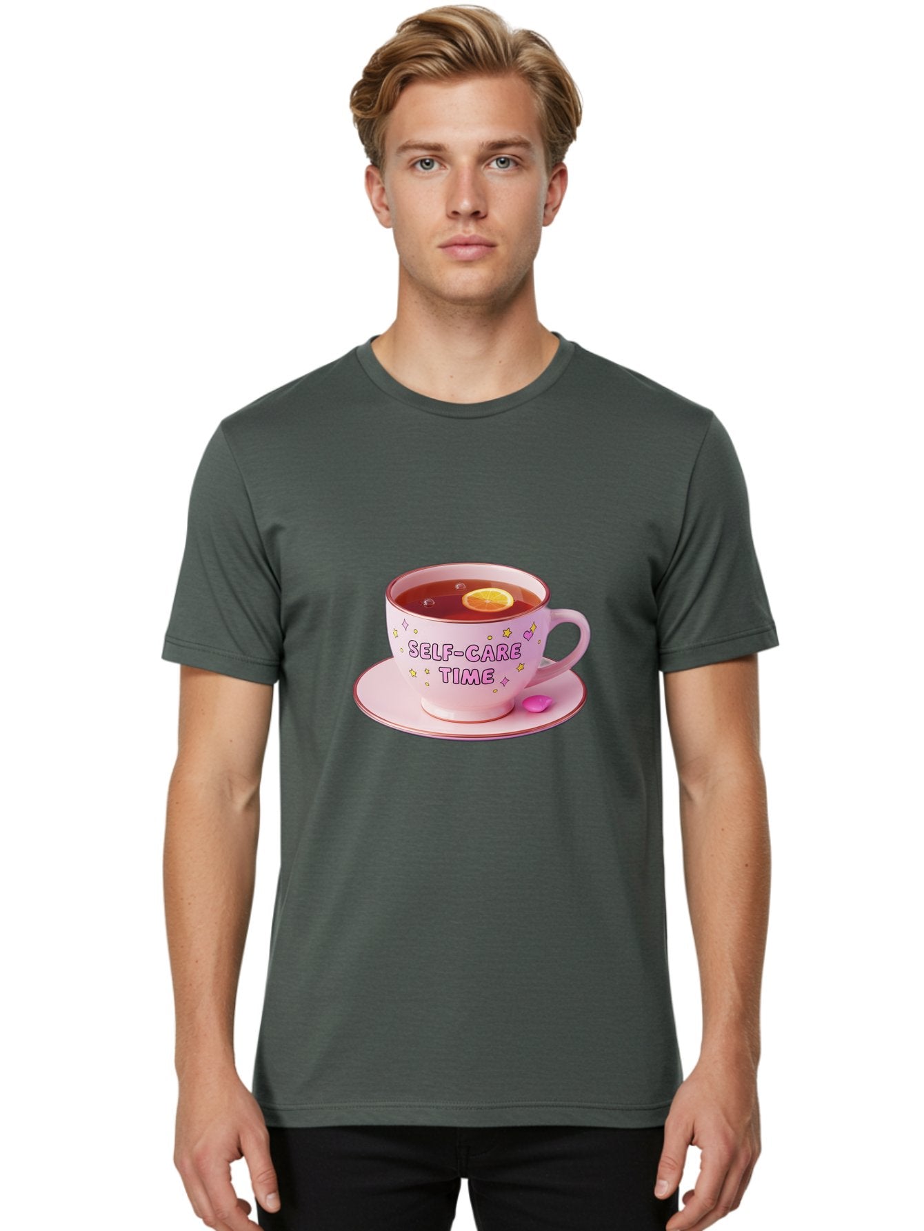 Self-Care-Time-2 Men'S Graphic Tee, 100% Cotton, Comfortable Casual Summer Wear, Machine Washable, Self-Care, Tea Time, Wellness, Relaxation, Pink Tea Cup, Lemon Slice, Colorful Stars, Stress Relief, Calming Tea, Mindfulness, Pink Candy Bae083 28
