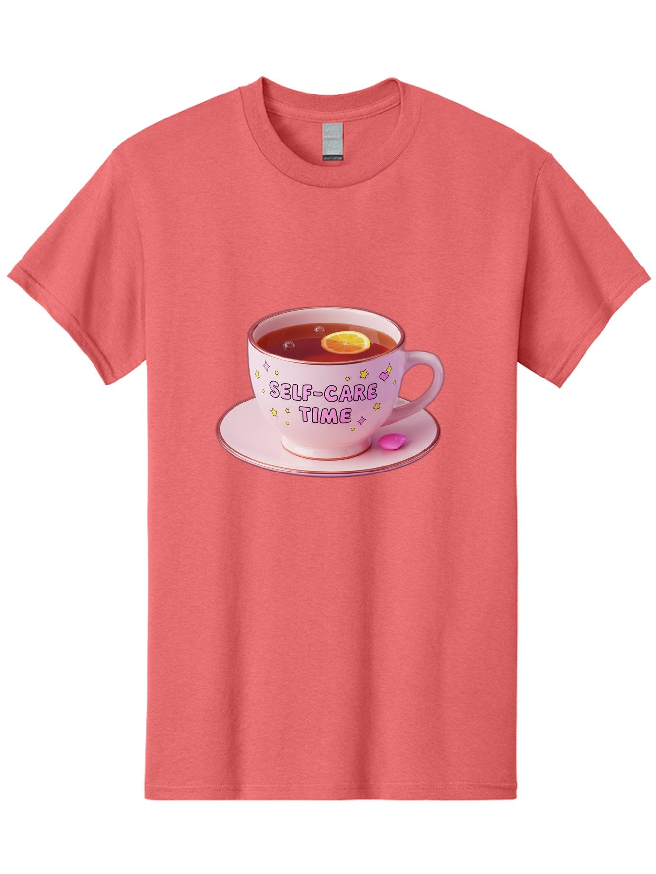 Self-Care-Time-2 Men'S Graphic Tee, 100% Cotton, Comfortable Casual Summer Wear, Machine Washable, Self-Care, Tea Time, Wellness, Relaxation, Pink Tea Cup, Lemon Slice, Colorful Stars, Stress Relief, Calming Tea, Mindfulness, Pink Candy Bae083 5