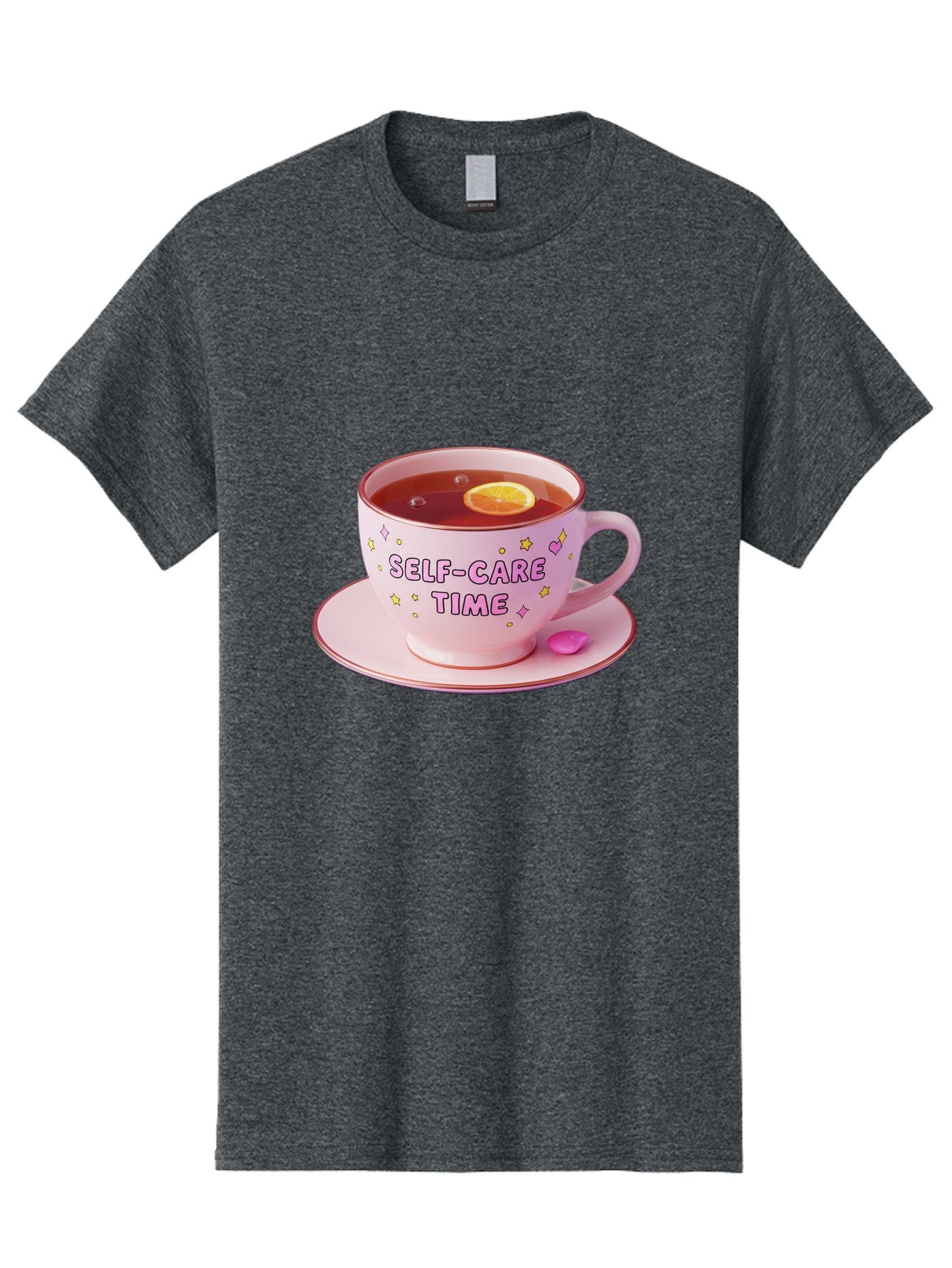 Self-Care-Time-2 Men'S Graphic Tee, 100% Cotton, Comfortable Casual Summer Wear, Machine Washable, Self-Care, Tea Time, Wellness, Relaxation, Pink Tea Cup, Lemon Slice, Colorful Stars, Stress Relief, Calming Tea, Mindfulness, Pink Candy Bae083 15