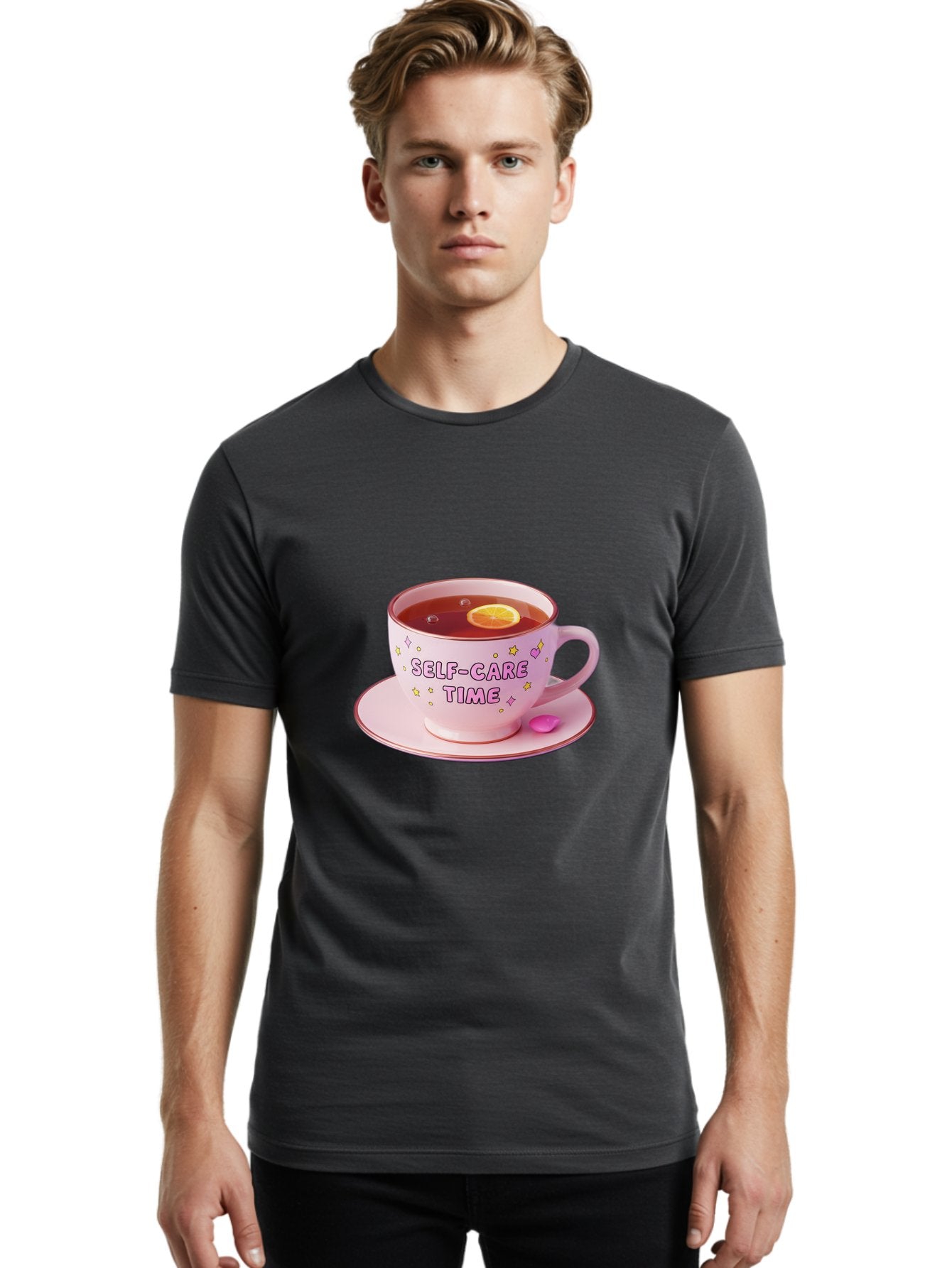 Self-Care-Time-2 Men'S Graphic Tee, 100% Cotton, Comfortable Casual Summer Wear, Machine Washable, Self-Care, Tea Time, Wellness, Relaxation, Pink Tea Cup, Lemon Slice, Colorful Stars, Stress Relief, Calming Tea, Mindfulness, Pink Candy Bae083 30