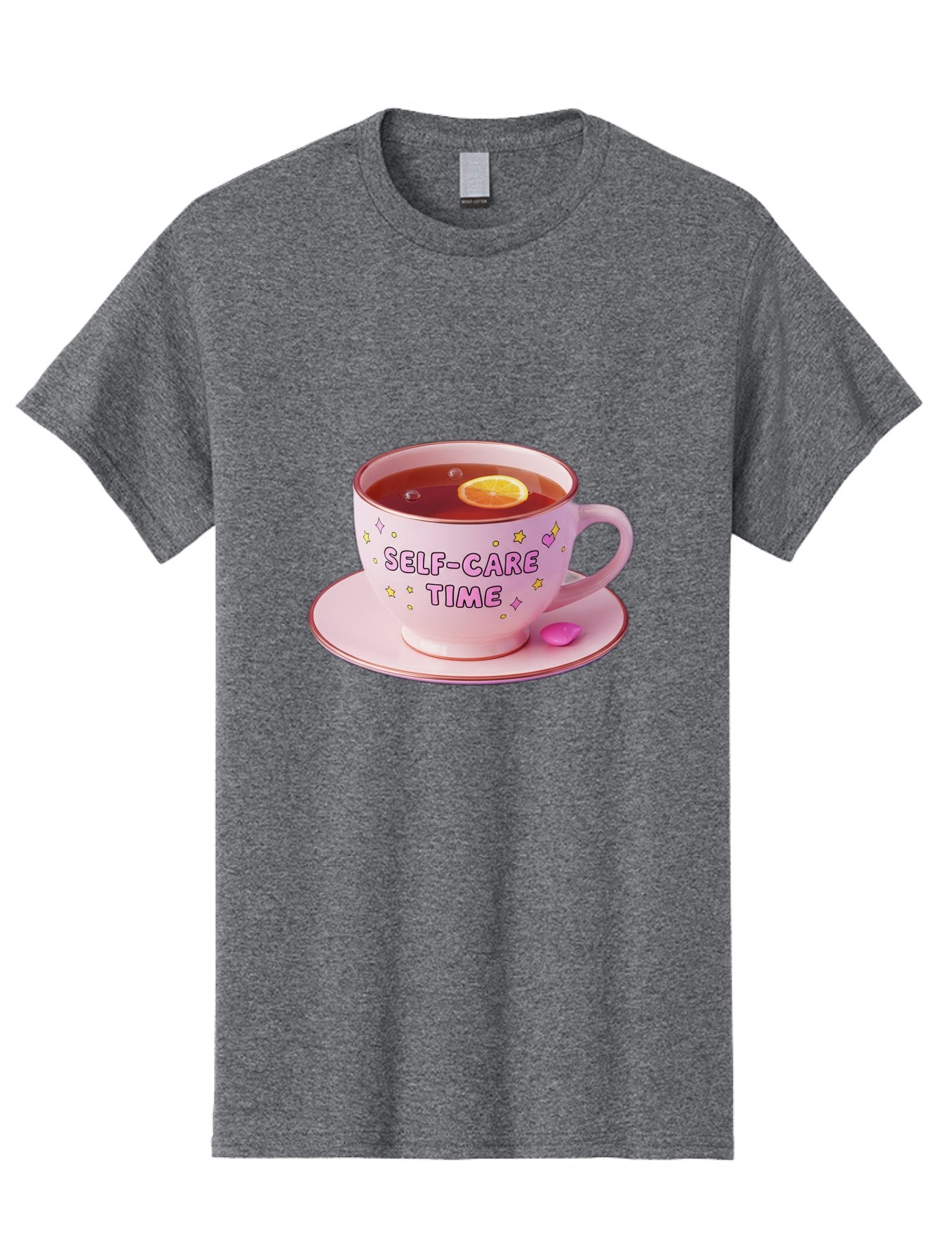Self-Care-Time-2 Men'S Graphic Tee, 100% Cotton, Comfortable Casual Summer Wear, Machine Washable, Self-Care, Tea Time, Wellness, Relaxation, Pink Tea Cup, Lemon Slice, Colorful Stars, Stress Relief, Calming Tea, Mindfulness, Pink Candy Bae083 9