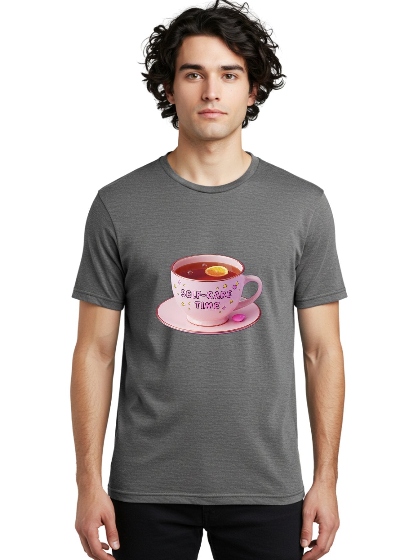 Self-Care-Time-2 Men'S Graphic Tee, 100% Cotton, Comfortable Casual Summer Wear, Machine Washable, Self-Care, Tea Time, Wellness, Relaxation, Pink Tea Cup, Lemon Slice, Colorful Stars, Stress Relief, Calming Tea, Mindfulness, Pink Candy Bae083 26