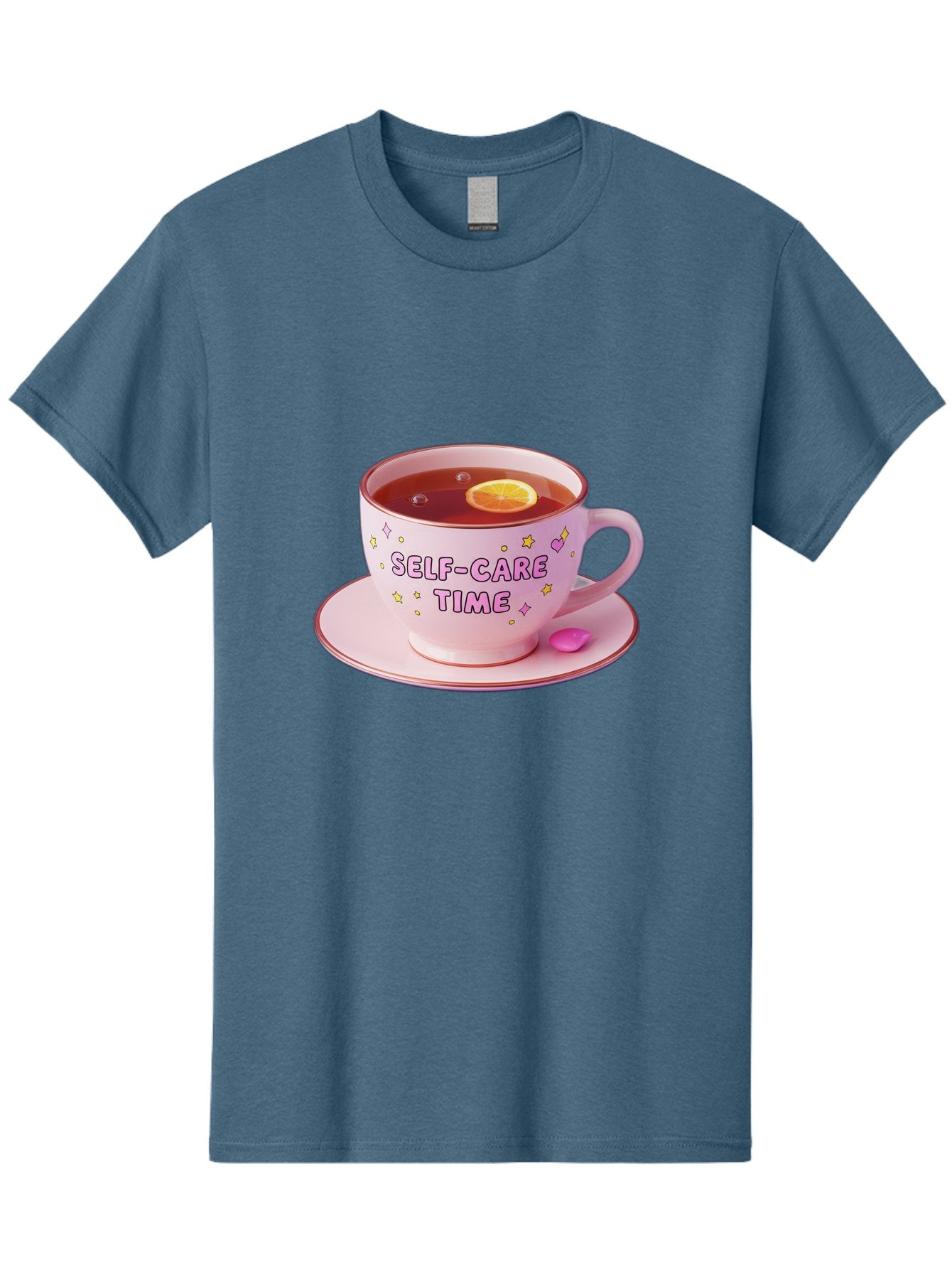Self-Care-Time-2 Men'S Graphic Tee, 100% Cotton, Comfortable Casual Summer Wear, Machine Washable, Self-Care, Tea Time, Wellness, Relaxation, Pink Tea Cup, Lemon Slice, Colorful Stars, Stress Relief, Calming Tea, Mindfulness, Pink Candy Bae083 14