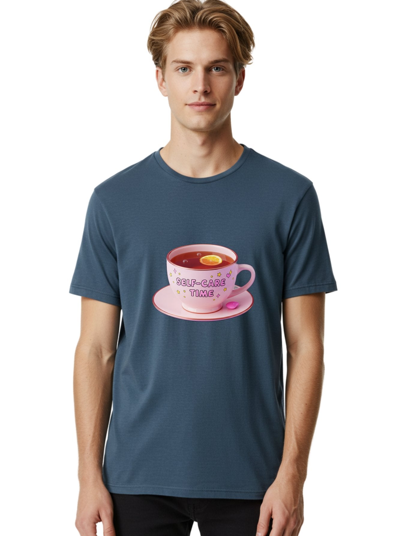 Self-Care-Time-2 Men'S Graphic Tee, 100% Cotton, Comfortable Casual Summer Wear, Machine Washable, Self-Care, Tea Time, Wellness, Relaxation, Pink Tea Cup, Lemon Slice, Colorful Stars, Stress Relief, Calming Tea, Mindfulness, Pink Candy Bae083 29