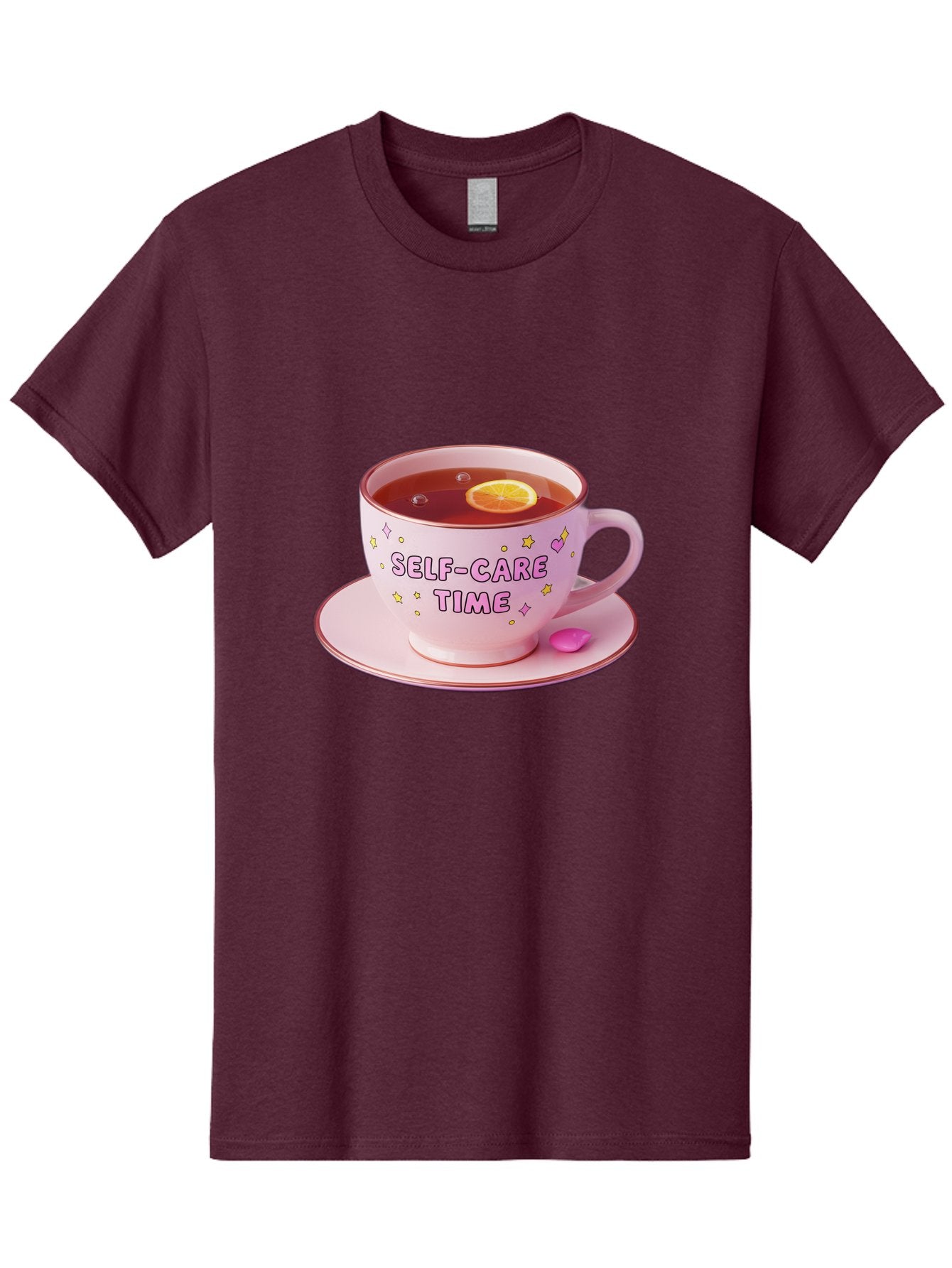 Self-Care-Time-2 Men'S Graphic Tee, 100% Cotton, Comfortable Casual Summer Wear, Machine Washable, Self-Care, Tea Time, Wellness, Relaxation, Pink Tea Cup, Lemon Slice, Colorful Stars, Stress Relief, Calming Tea, Mindfulness, Pink Candy Bae083 13