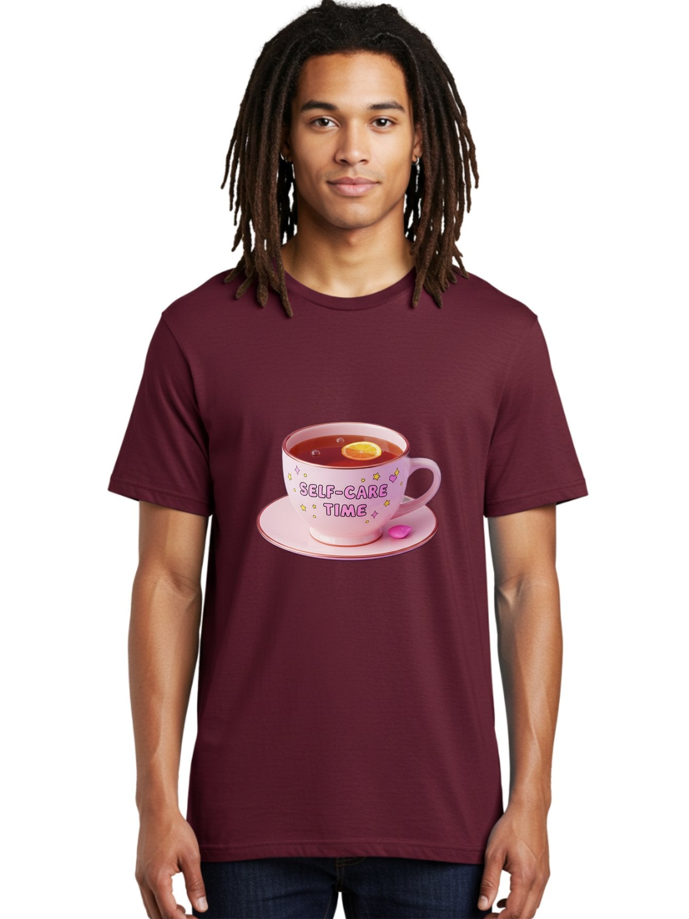 Self-Care-Time-2 Men'S Graphic Tee, 100% Cotton, Comfortable Casual Summer Wear, Machine Washable, Self-Care, Tea Time, Wellness, Relaxation, Pink Tea Cup, Lemon Slice, Colorful Stars, Stress Relief, Calming Tea, Mindfulness, Pink Candy Bae083 20