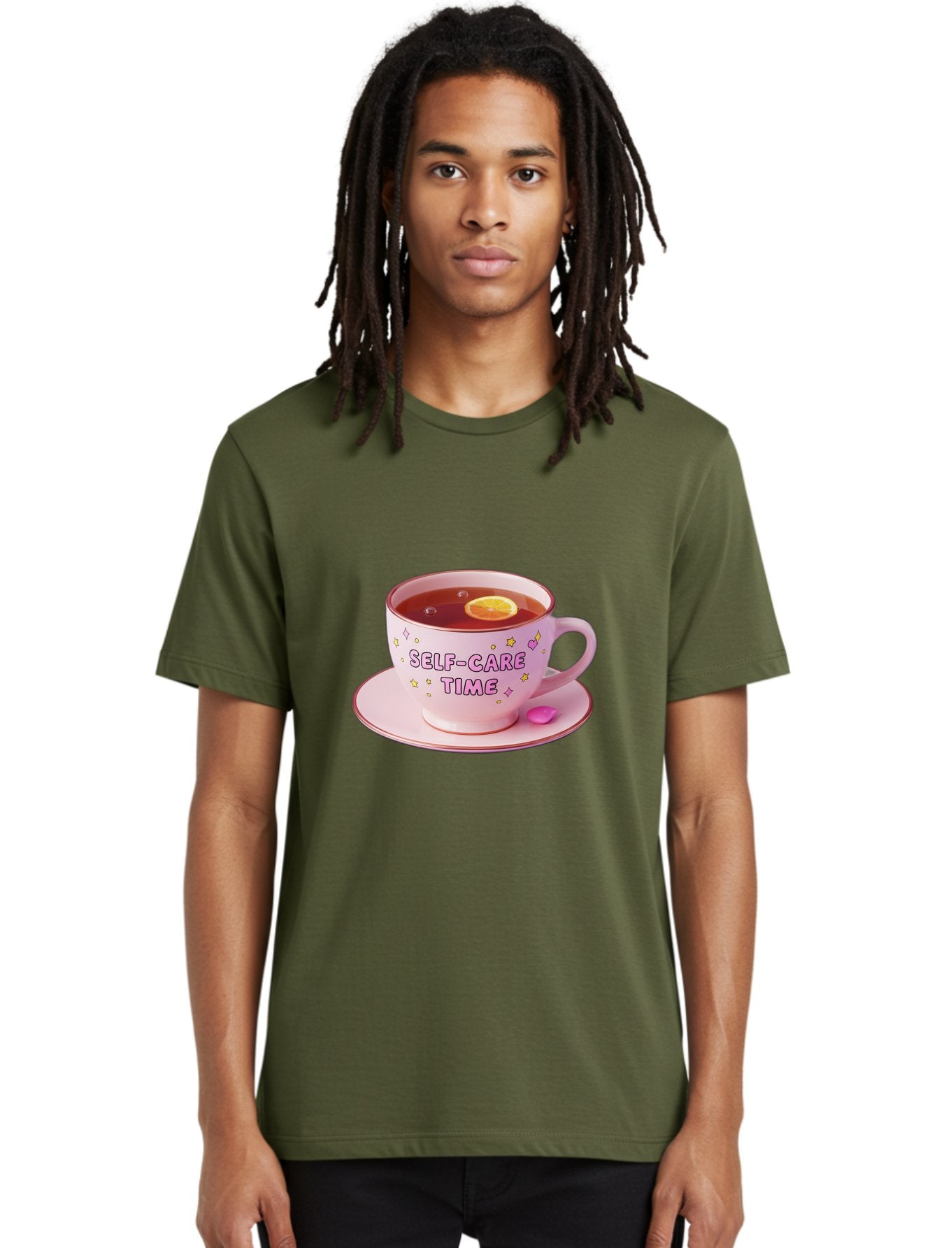 Self-Care-Time-2 Men'S Graphic Tee, 100% Cotton, Comfortable Casual Summer Wear, Machine Washable, Self-Care, Tea Time, Wellness, Relaxation, Pink Tea Cup, Lemon Slice, Colorful Stars, Stress Relief, Calming Tea, Mindfulness, Pink Candy Bae083 25