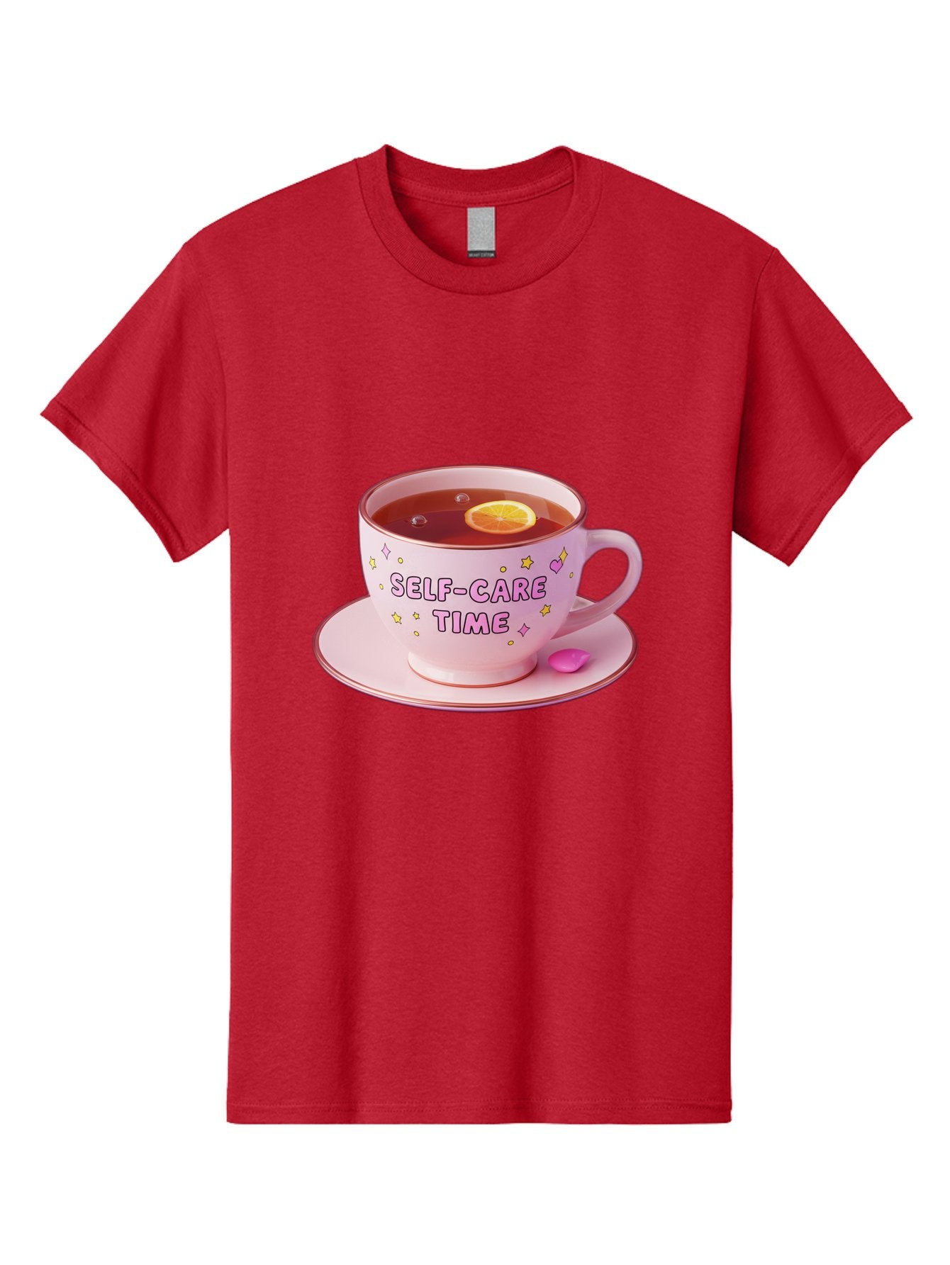 Self-Care-Time-2 Men'S Graphic Tee, 100% Cotton, Comfortable Casual Summer Wear, Machine Washable, Self-Care, Tea Time, Wellness, Relaxation, Pink Tea Cup, Lemon Slice, Colorful Stars, Stress Relief, Calming Tea, Mindfulness, Pink Candy Bae083 7