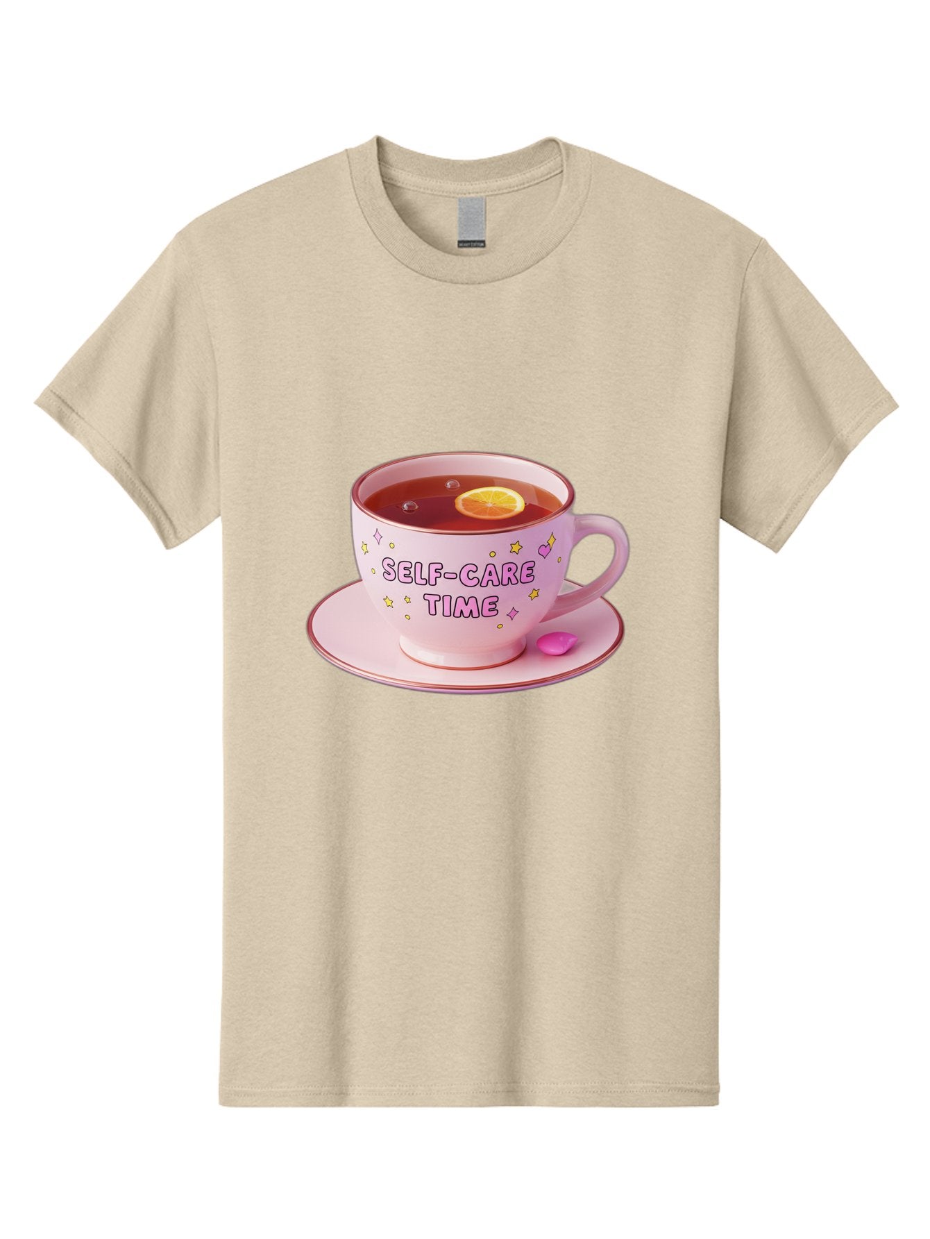 Self-Care-Time-2 Men'S Graphic Tee, 100% Cotton, Comfortable Casual Summer Wear, Machine Washable, Self-Care, Tea Time, Wellness, Relaxation, Pink Tea Cup, Lemon Slice, Colorful Stars, Stress Relief, Calming Tea, Mindfulness, Pink Candy Bae083