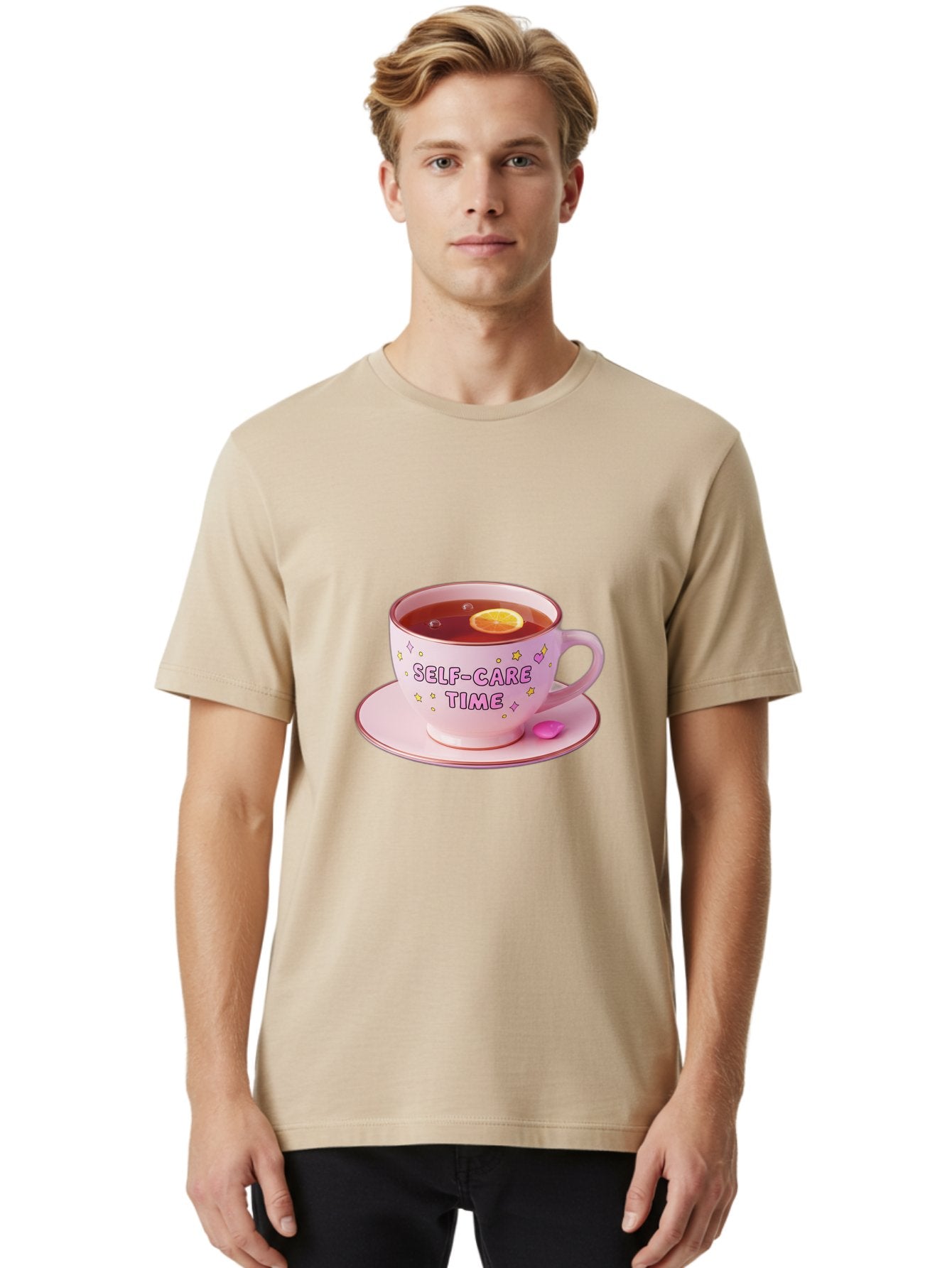 Self-Care-Time-2 Men'S Graphic Tee, 100% Cotton, Comfortable Casual Summer Wear, Machine Washable, Self-Care, Tea Time, Wellness, Relaxation, Pink Tea Cup, Lemon Slice, Colorful Stars, Stress Relief, Calming Tea, Mindfulness, Pink Candy Bae083 19