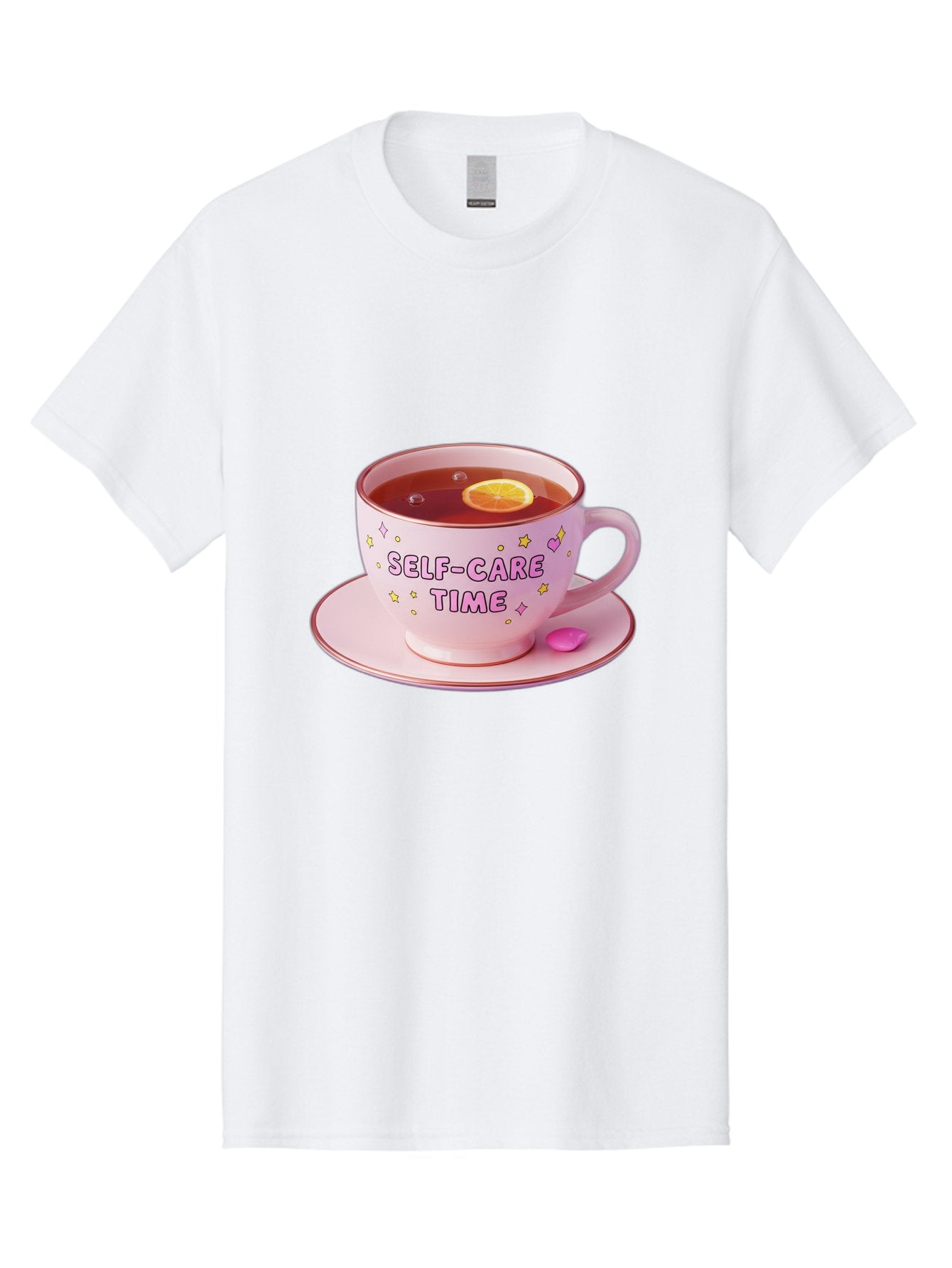 Self-Care-Time-2 Men'S Graphic Tee, 100% Cotton, Comfortable Casual Summer Wear, Machine Washable, Self-Care, Tea Time, Wellness, Relaxation, Pink Tea Cup, Lemon Slice, Colorful Stars, Stress Relief, Calming Tea, Mindfulness, Pink Candy Bae083 4