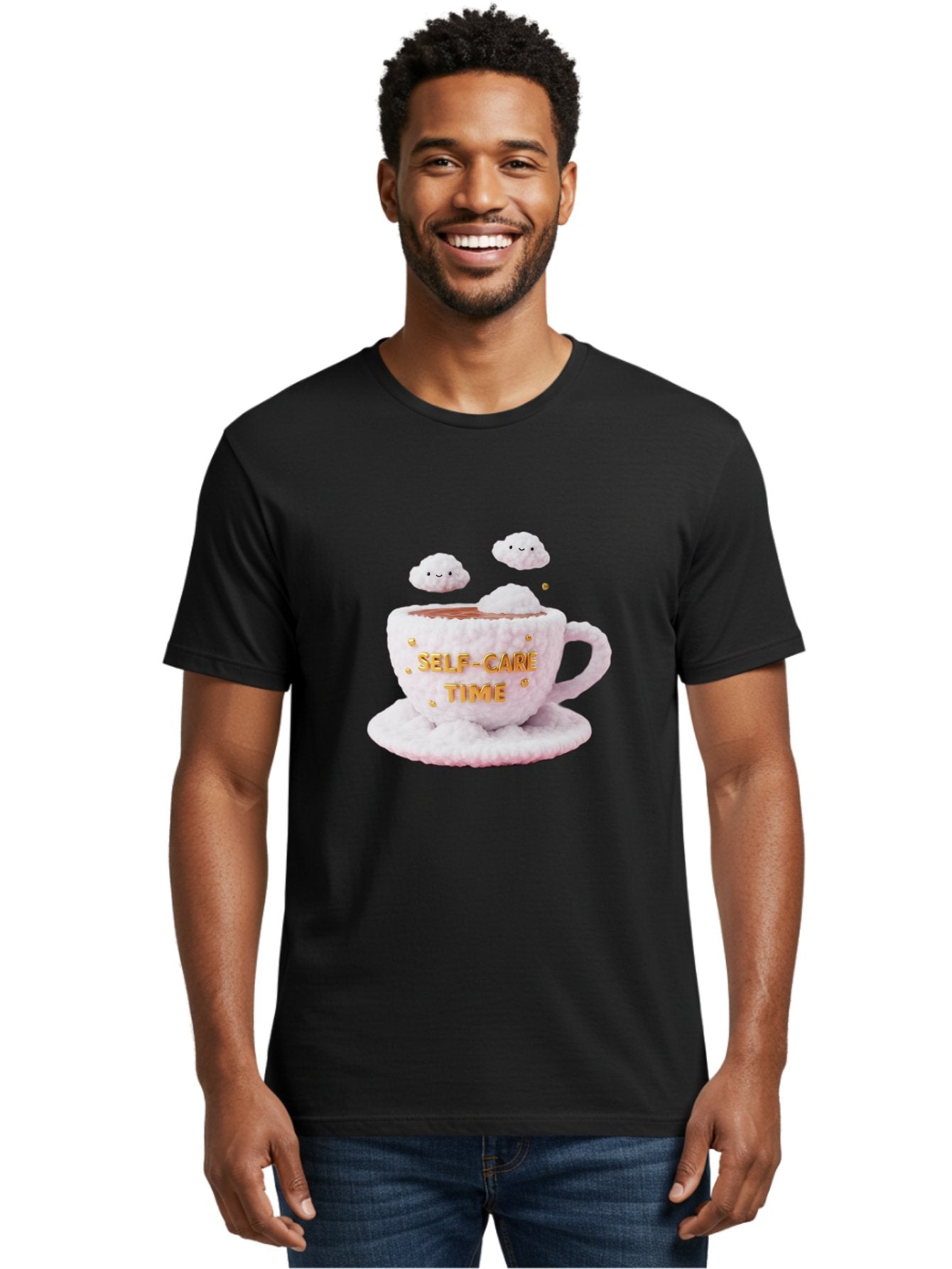 Self-Care-Time-4 Men'S Graphic Tee, 100% Cotton, Comfortable Casual Summer Wear, Machine Washable, Self-Care Time, Hot Coffee, Coffee Cup, Fluffy Clouds, Happy Face, Relaxation, Mindfulness, Calm Atmosphere, Soothing Ambiance, Mental Wellness Bae085 29