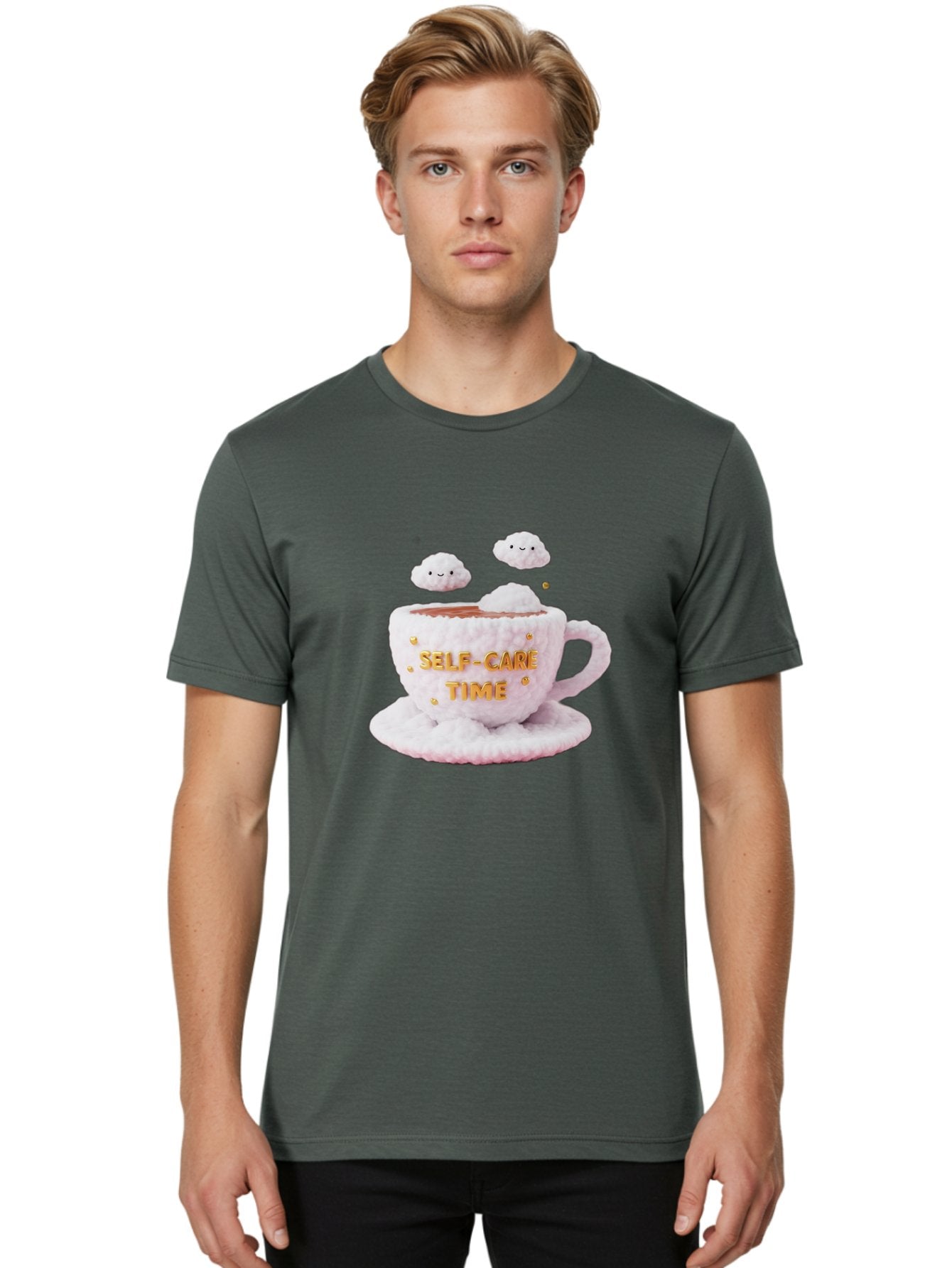 Self-Care-Time-4 Men'S Graphic Tee, 100% Cotton, Comfortable Casual Summer Wear, Machine Washable, Self-Care Time, Hot Coffee, Coffee Cup, Fluffy Clouds, Happy Face, Relaxation, Mindfulness, Calm Atmosphere, Soothing Ambiance, Mental Wellness Bae085 28