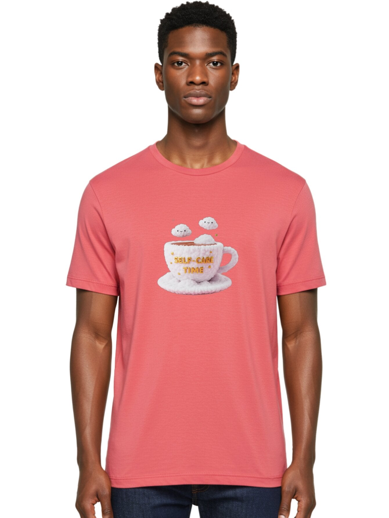 Self-Care-Time-4 Men'S Graphic Tee, 100% Cotton, Comfortable Casual Summer Wear, Machine Washable, Self-Care Time, Hot Coffee, Coffee Cup, Fluffy Clouds, Happy Face, Relaxation, Mindfulness, Calm Atmosphere, Soothing Ambiance, Mental Wellness Bae085 16