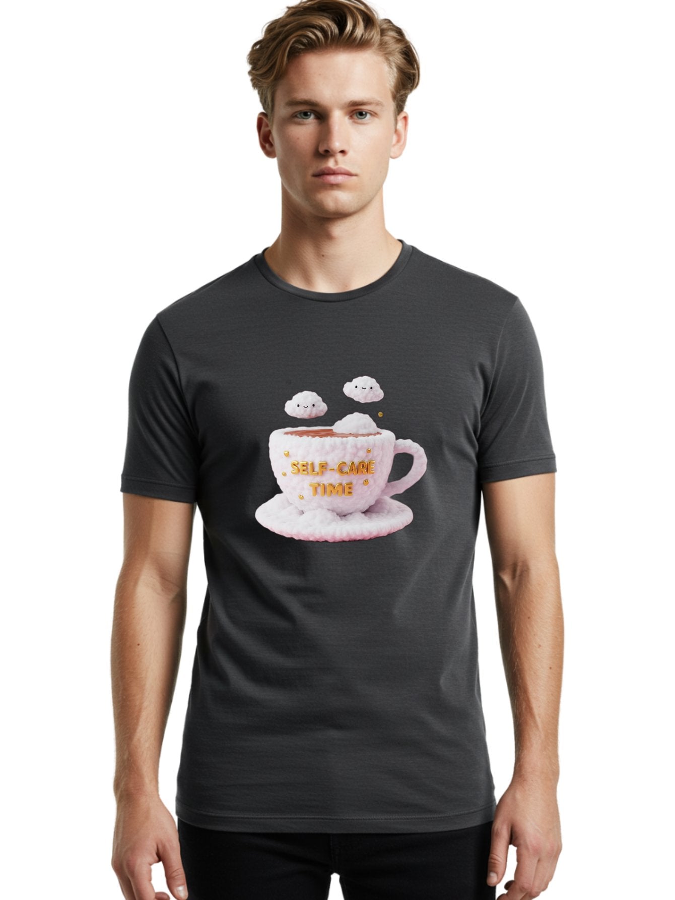 Self-Care-Time-4 Men'S Graphic Tee, 100% Cotton, Comfortable Casual Summer Wear, Machine Washable, Self-Care Time, Hot Coffee, Coffee Cup, Fluffy Clouds, Happy Face, Relaxation, Mindfulness, Calm Atmosphere, Soothing Ambiance, Mental Wellness Bae085 27