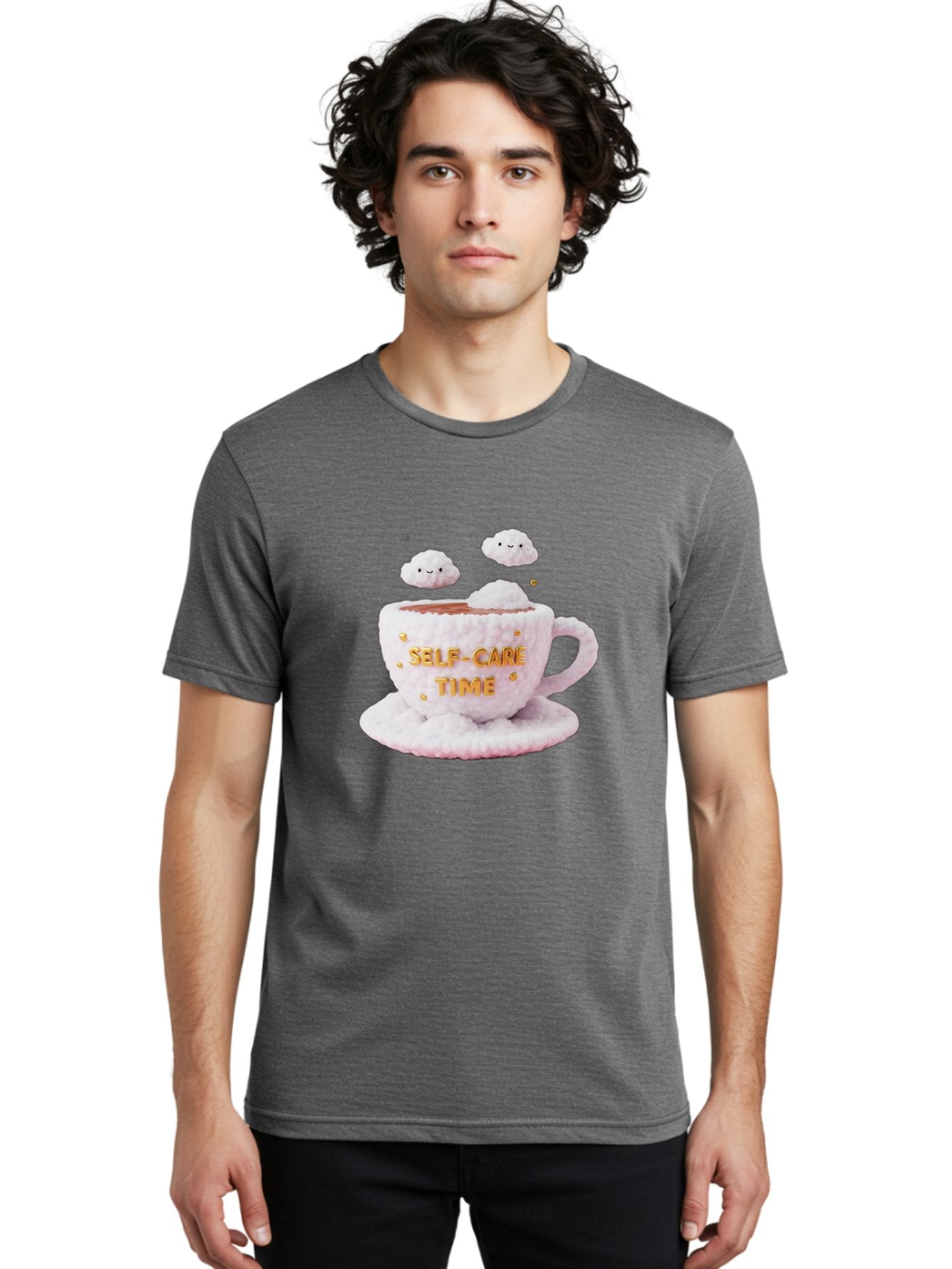 Self-Care-Time-4 Men'S Graphic Tee, 100% Cotton, Comfortable Casual Summer Wear, Machine Washable, Self-Care Time, Hot Coffee, Coffee Cup, Fluffy Clouds, Happy Face, Relaxation, Mindfulness, Calm Atmosphere, Soothing Ambiance, Mental Wellness Bae085 30