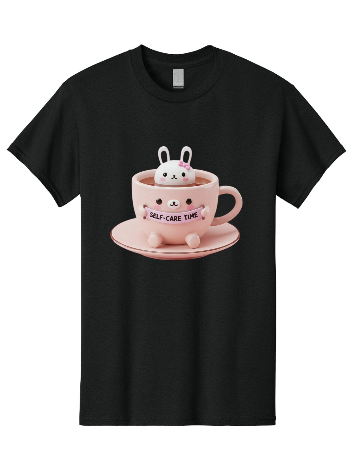Self-Care-Time Men'S Graphic Tee, 100% Cotton, Comfortable Casual Summer Wear, Machine Washable, Cute Rabbit Figurine, Adorable Design, Self Care, Relaxation, Pastel Colors, Tea Cup, Soothing Atmosphere, Calming Decor, Pink Hues, Bae087 13