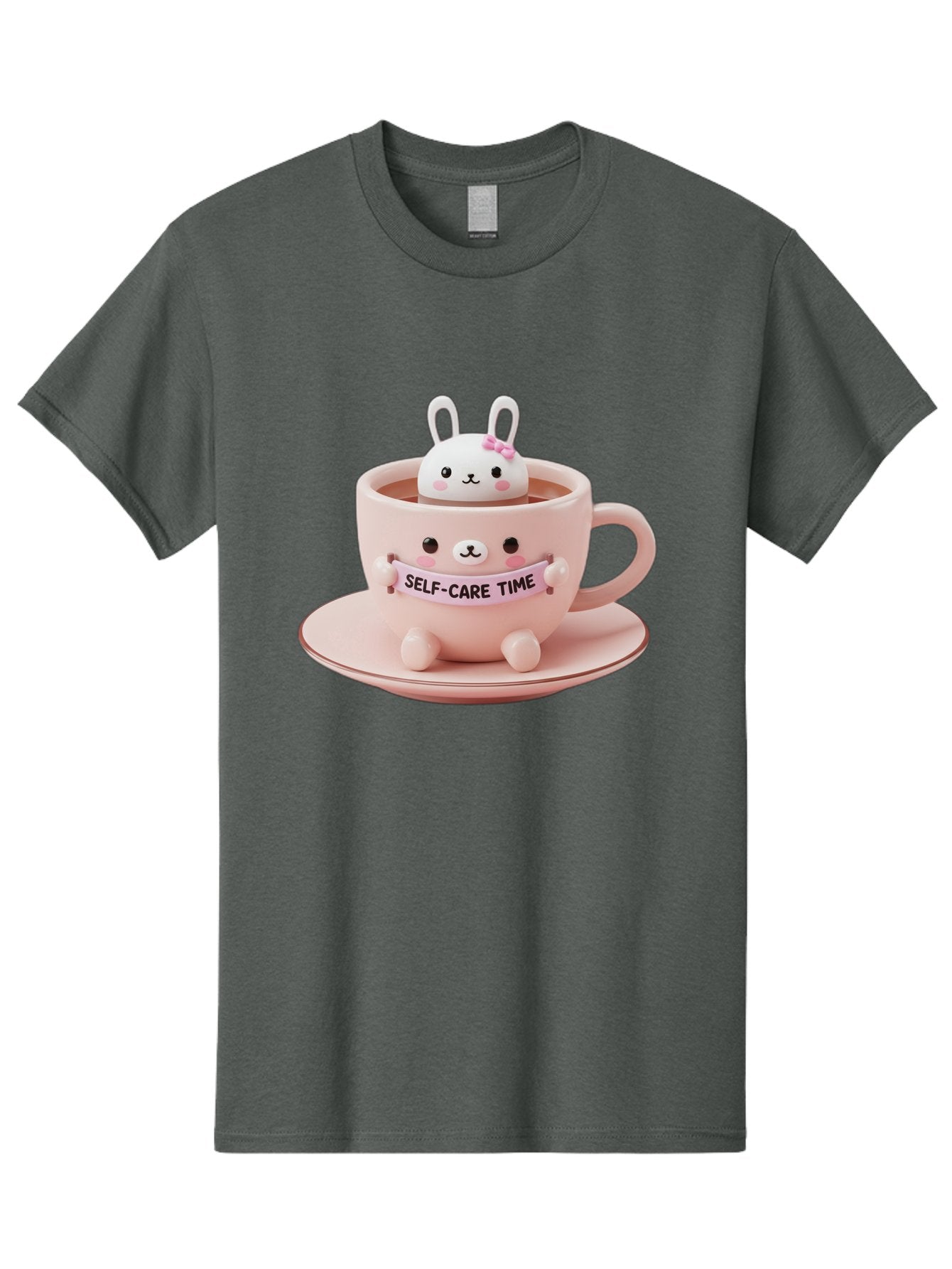 Self-Care-Time Men'S Graphic Tee, 100% Cotton, Comfortable Casual Summer Wear, Machine Washable, Cute Rabbit Figurine, Adorable Design, Self Care, Relaxation, Pastel Colors, Tea Cup, Soothing Atmosphere, Calming Decor, Pink Hues, Bae087 6