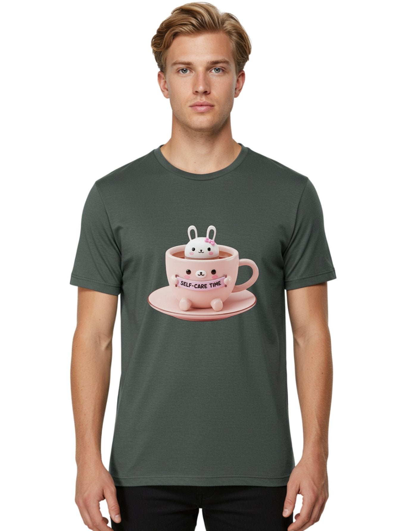 Self-Care-Time Men'S Graphic Tee, 100% Cotton, Comfortable Casual Summer Wear, Machine Washable, Cute Rabbit Figurine, Adorable Design, Self Care, Relaxation, Pastel Colors, Tea Cup, Soothing Atmosphere, Calming Decor, Pink Hues, Bae087 24