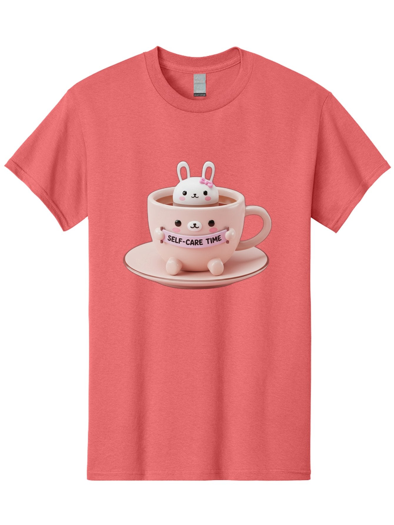Self-Care-Time Men'S Graphic Tee, 100% Cotton, Comfortable Casual Summer Wear, Machine Washable, Cute Rabbit Figurine, Adorable Design, Self Care, Relaxation, Pastel Colors, Tea Cup, Soothing Atmosphere, Calming Decor, Pink Hues, Bae087 15