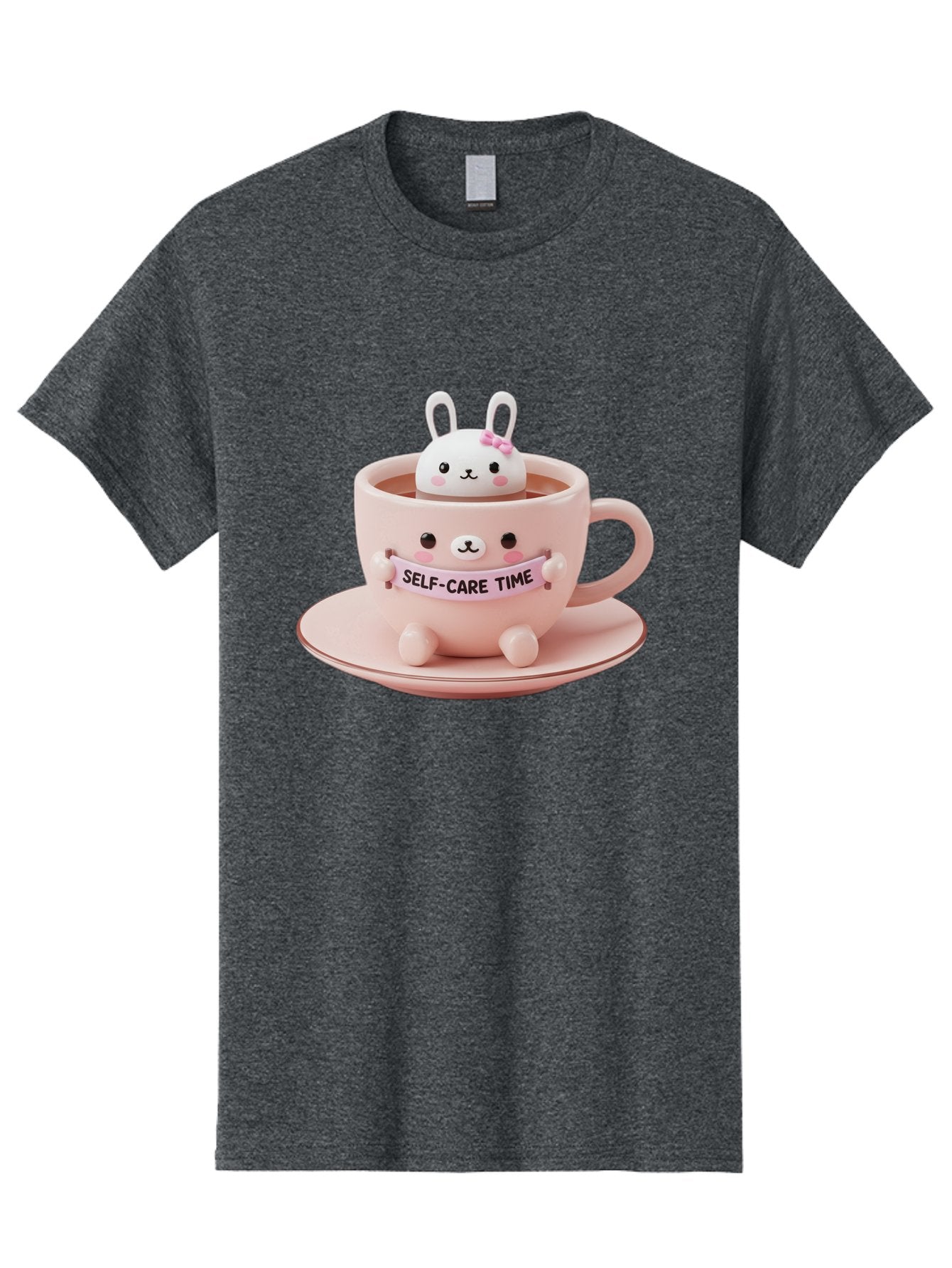 Self-Care-Time Men'S Graphic Tee, 100% Cotton, Comfortable Casual Summer Wear, Machine Washable, Cute Rabbit Figurine, Adorable Design, Self Care, Relaxation, Pastel Colors, Tea Cup, Soothing Atmosphere, Calming Decor, Pink Hues, Bae087 11