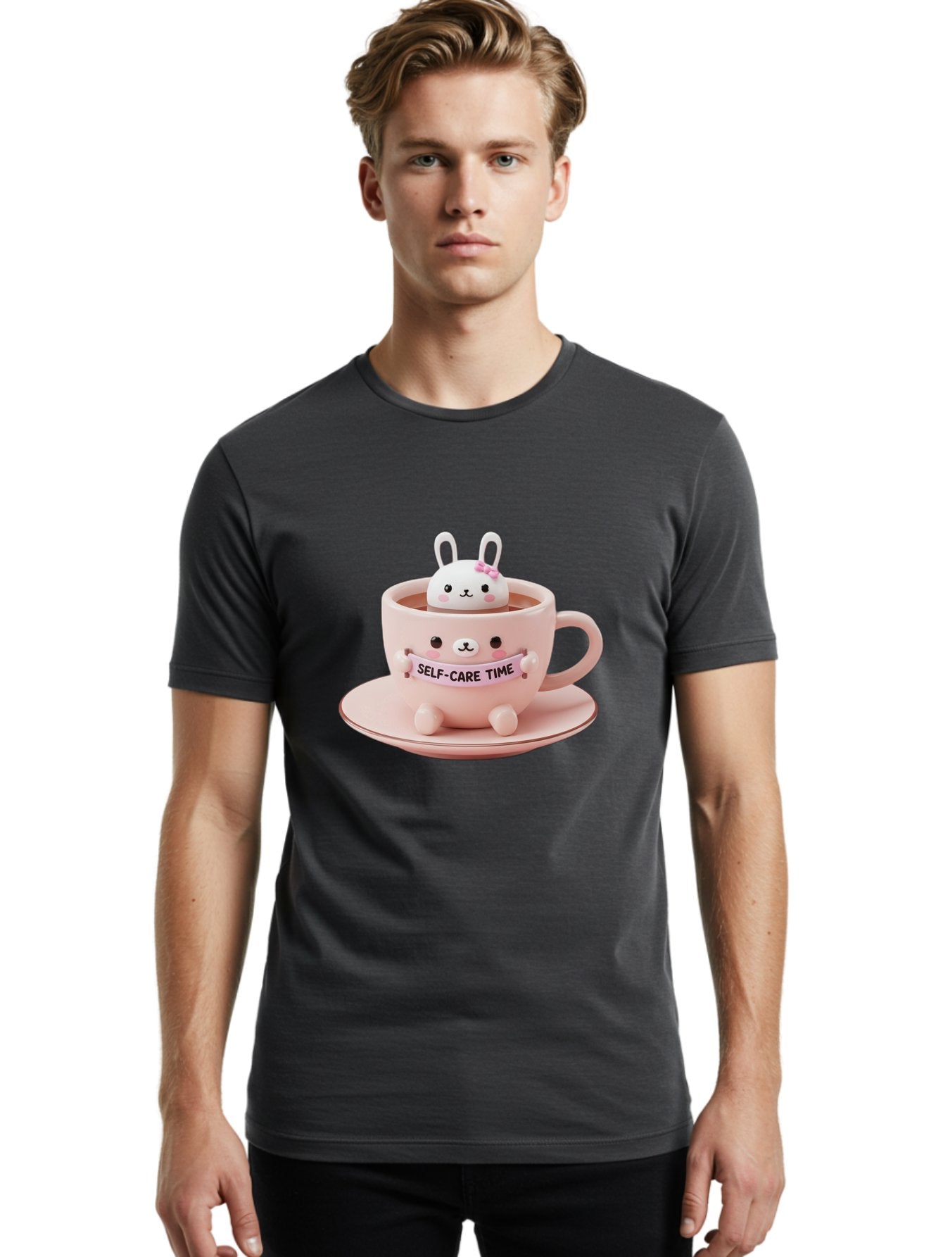 Self-Care-Time Men'S Graphic Tee, 100% Cotton, Comfortable Casual Summer Wear, Machine Washable, Cute Rabbit Figurine, Adorable Design, Self Care, Relaxation, Pastel Colors, Tea Cup, Soothing Atmosphere, Calming Decor, Pink Hues, Bae087 27