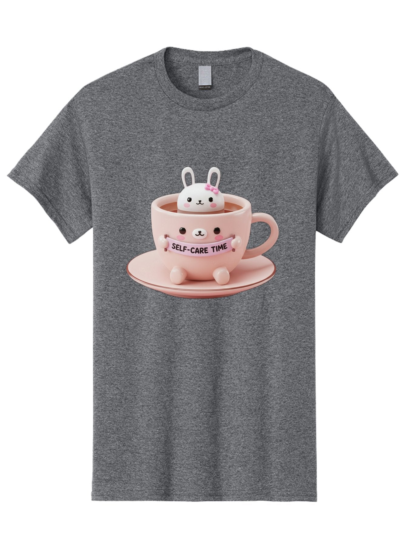 Self-Care-Time Men'S Graphic Tee, 100% Cotton, Comfortable Casual Summer Wear, Machine Washable, Cute Rabbit Figurine, Adorable Design, Self Care, Relaxation, Pastel Colors, Tea Cup, Soothing Atmosphere, Calming Decor, Pink Hues, Bae087 5