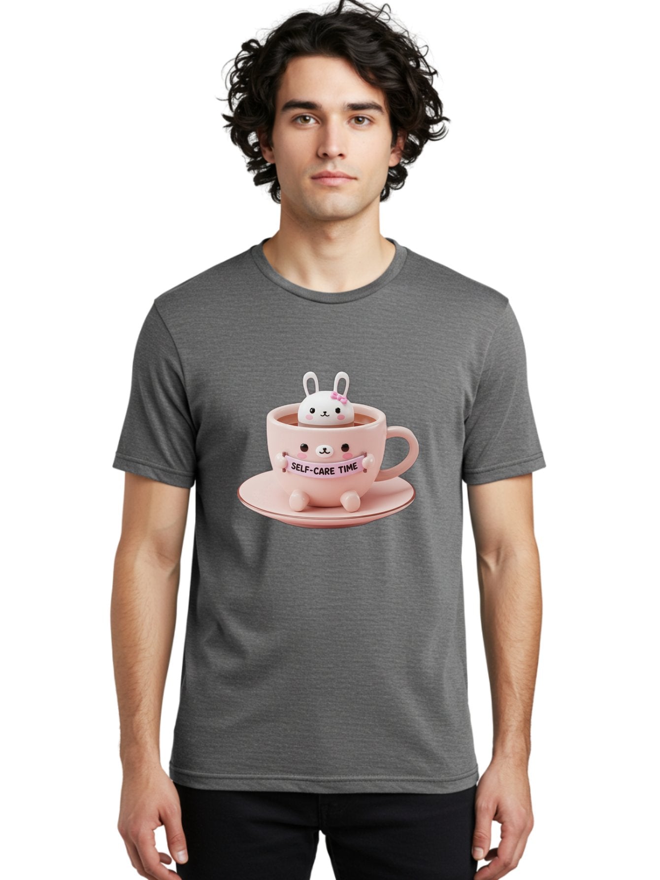 Self-Care-Time Men'S Graphic Tee, 100% Cotton, Comfortable Casual Summer Wear, Machine Washable, Cute Rabbit Figurine, Adorable Design, Self Care, Relaxation, Pastel Colors, Tea Cup, Soothing Atmosphere, Calming Decor, Pink Hues, Bae087 23