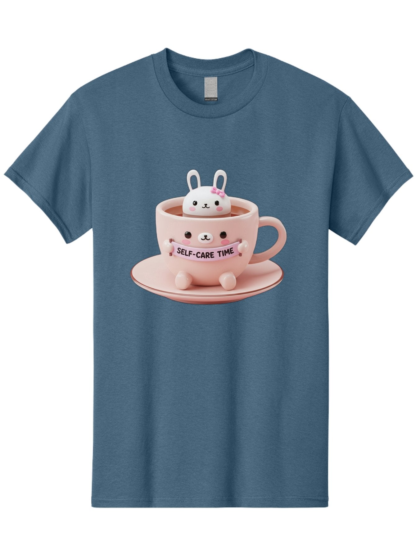 Self-Care-Time Men'S Graphic Tee, 100% Cotton, Comfortable Casual Summer Wear, Machine Washable, Cute Rabbit Figurine, Adorable Design, Self Care, Relaxation, Pastel Colors, Tea Cup, Soothing Atmosphere, Calming Decor, Pink Hues, Bae087 3