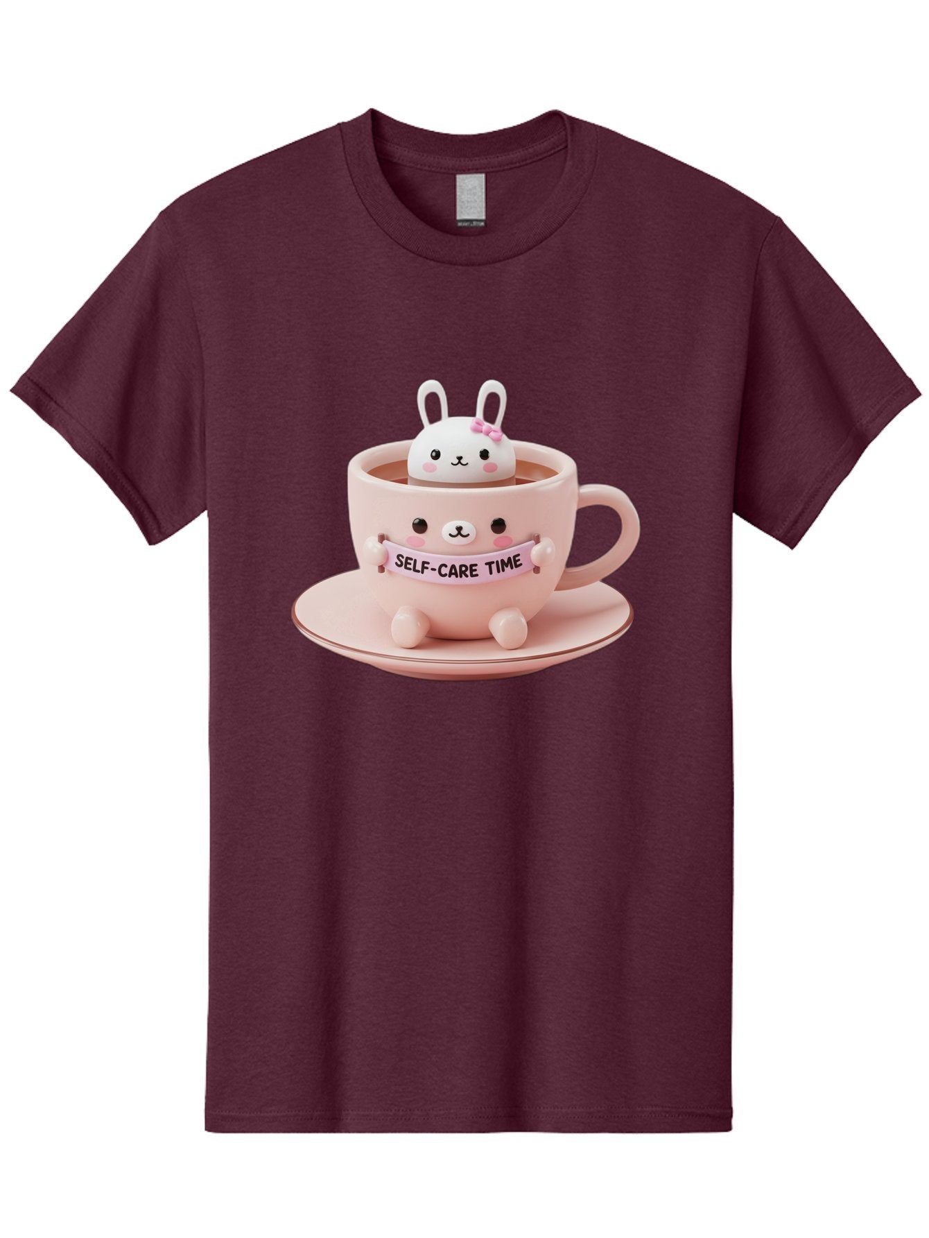 Self-Care-Time Men'S Graphic Tee, 100% Cotton, Comfortable Casual Summer Wear, Machine Washable, Cute Rabbit Figurine, Adorable Design, Self Care, Relaxation, Pastel Colors, Tea Cup, Soothing Atmosphere, Calming Decor, Pink Hues, Bae087 14