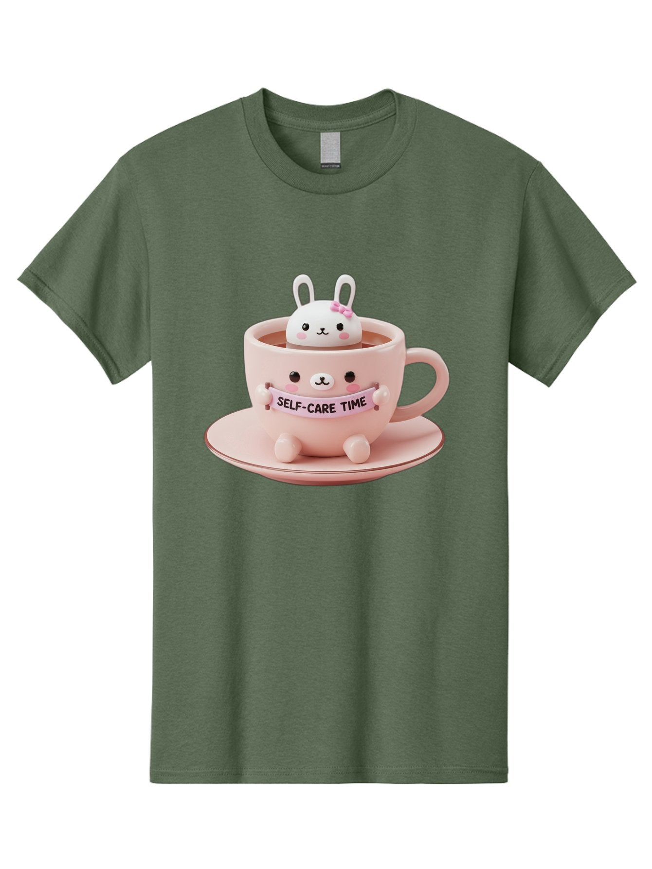 Self-Care-Time Men'S Graphic Tee, 100% Cotton, Comfortable Casual Summer Wear, Machine Washable, Cute Rabbit Figurine, Adorable Design, Self Care, Relaxation, Pastel Colors, Tea Cup, Soothing Atmosphere, Calming Decor, Pink Hues, Bae087 7