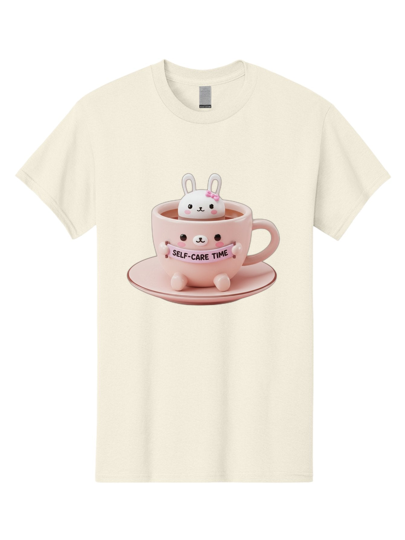 Self-Care-Time Men'S Graphic Tee, 100% Cotton, Comfortable Casual Summer Wear, Machine Washable, Cute Rabbit Figurine, Adorable Design, Self Care, Relaxation, Pastel Colors, Tea Cup, Soothing Atmosphere, Calming Decor, Pink Hues, Bae087 9