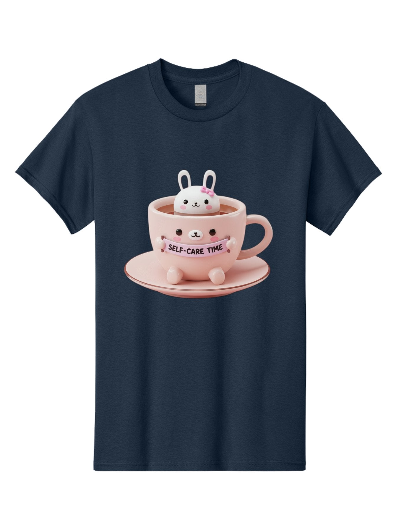 Self-Care-Time Men'S Graphic Tee, 100% Cotton, Comfortable Casual Summer Wear, Machine Washable, Cute Rabbit Figurine, Adorable Design, Self Care, Relaxation, Pastel Colors, Tea Cup, Soothing Atmosphere, Calming Decor, Pink Hues, Bae087 12