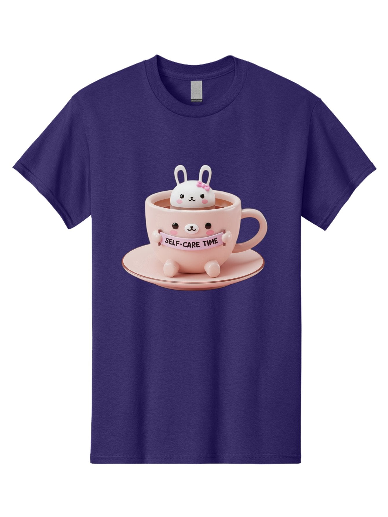 Self-Care-Time Men'S Graphic Tee, 100% Cotton, Comfortable Casual Summer Wear, Machine Washable, Cute Rabbit Figurine, Adorable Design, Self Care, Relaxation, Pastel Colors, Tea Cup, Soothing Atmosphere, Calming Decor, Pink Hues, Bae087