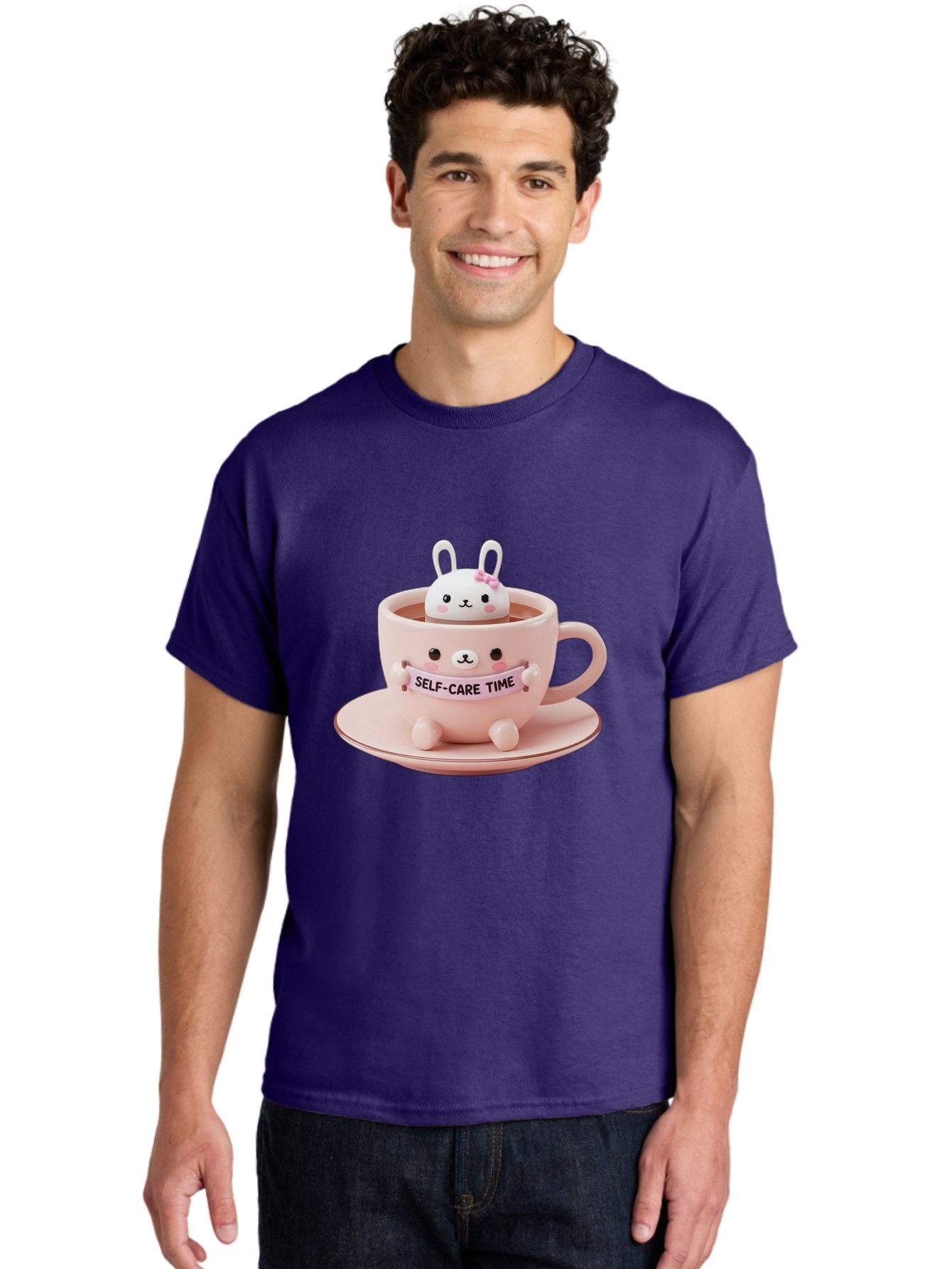 Self-Care-Time Men'S Graphic Tee, 100% Cotton, Comfortable Casual Summer Wear, Machine Washable, Cute Rabbit Figurine, Adorable Design, Self Care, Relaxation, Pastel Colors, Tea Cup, Soothing Atmosphere, Calming Decor, Pink Hues, Bae087 19