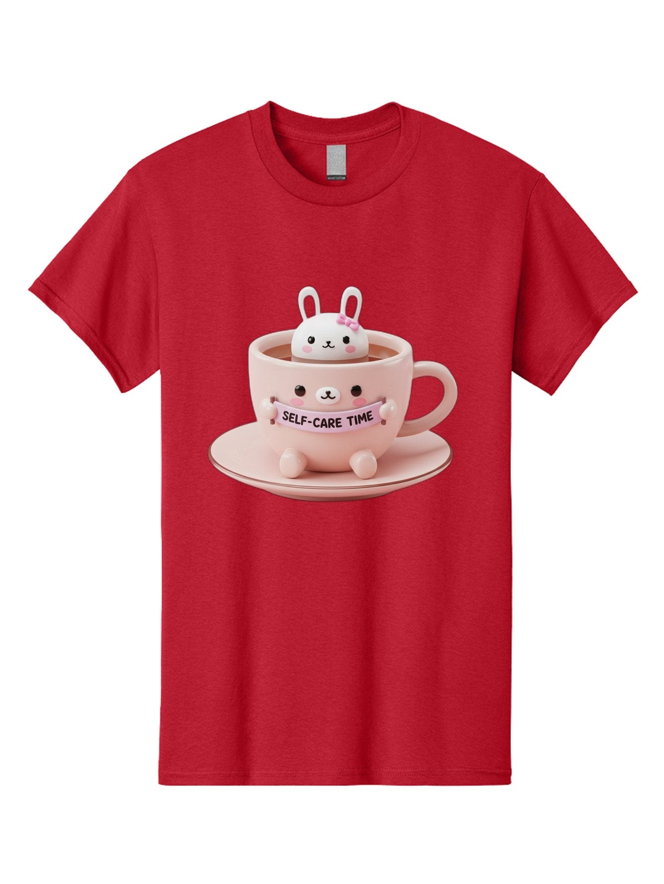 Self-Care-Time Men'S Graphic Tee, 100% Cotton, Comfortable Casual Summer Wear, Machine Washable, Cute Rabbit Figurine, Adorable Design, Self Care, Relaxation, Pastel Colors, Tea Cup, Soothing Atmosphere, Calming Decor, Pink Hues, Bae087 10
