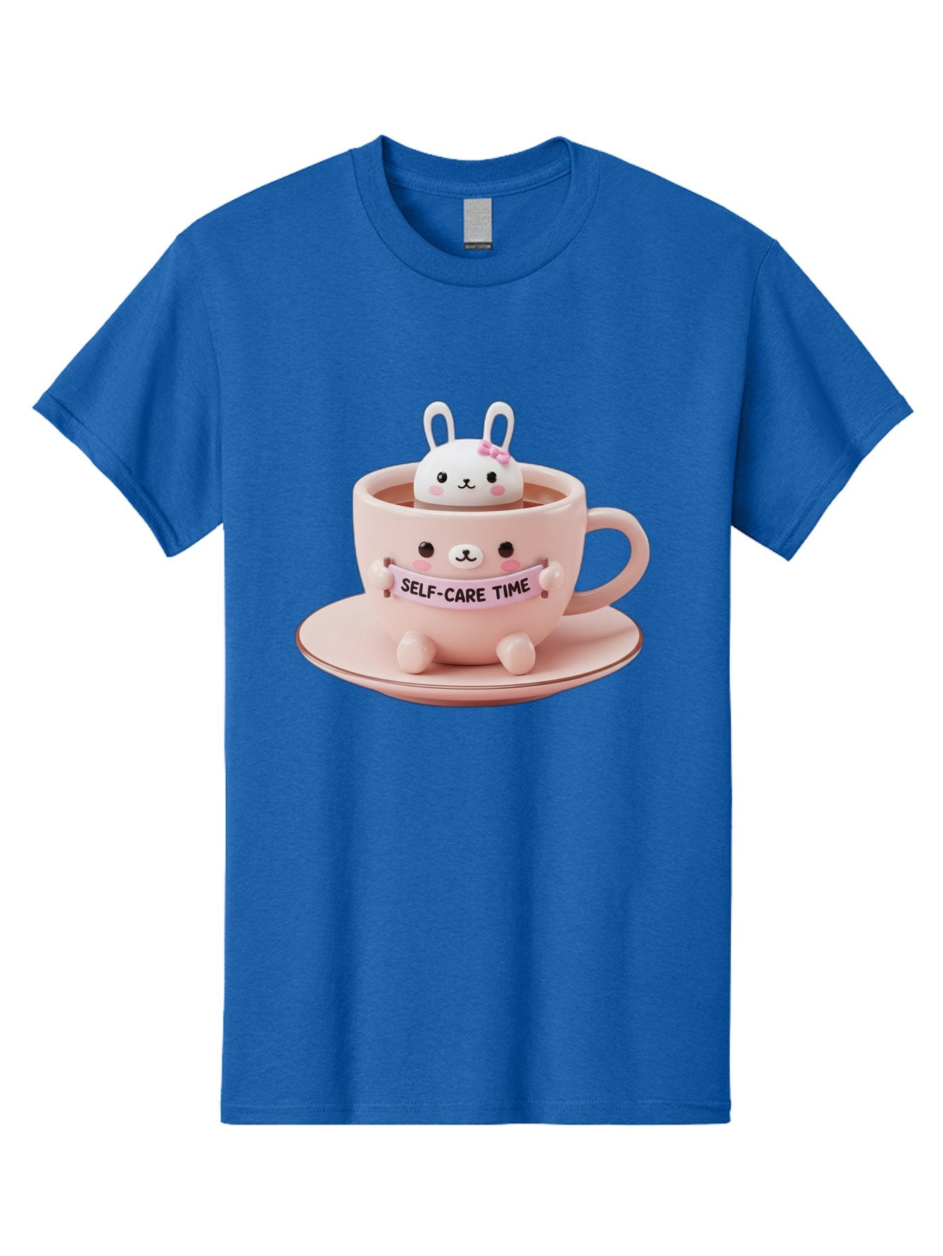 Self-Care-Time Men'S Graphic Tee, 100% Cotton, Comfortable Casual Summer Wear, Machine Washable, Cute Rabbit Figurine, Adorable Design, Self Care, Relaxation, Pastel Colors, Tea Cup, Soothing Atmosphere, Calming Decor, Pink Hues, Bae087