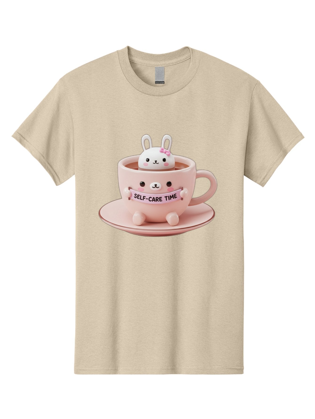 Self-Care-Time Men'S Graphic Tee, 100% Cotton, Comfortable Casual Summer Wear, Machine Washable, Cute Rabbit Figurine, Adorable Design, Self Care, Relaxation, Pastel Colors, Tea Cup, Soothing Atmosphere, Calming Decor, Pink Hues, Bae087 8